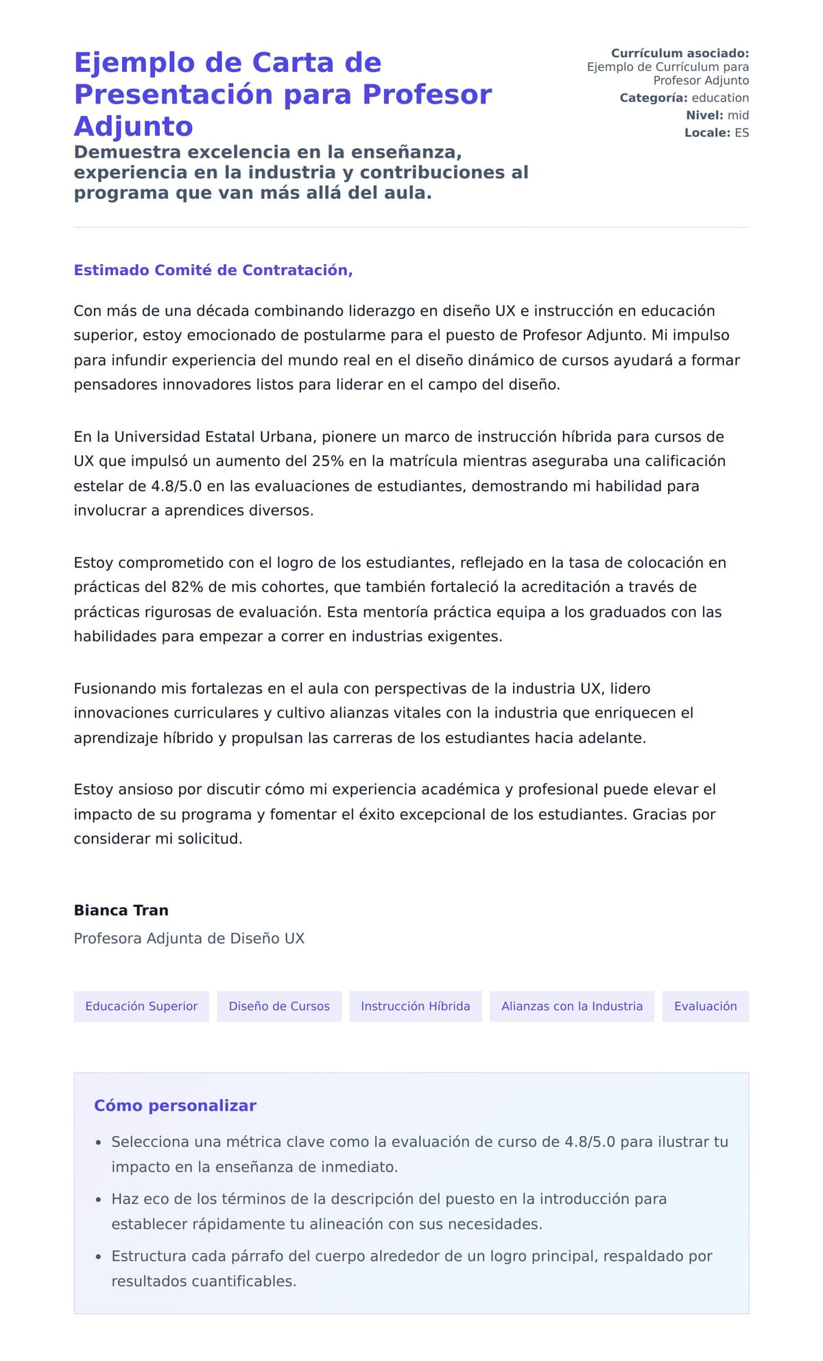 Vista previa de la carta para Ejemplo de Carta de Presentación para Profesor Adjunto