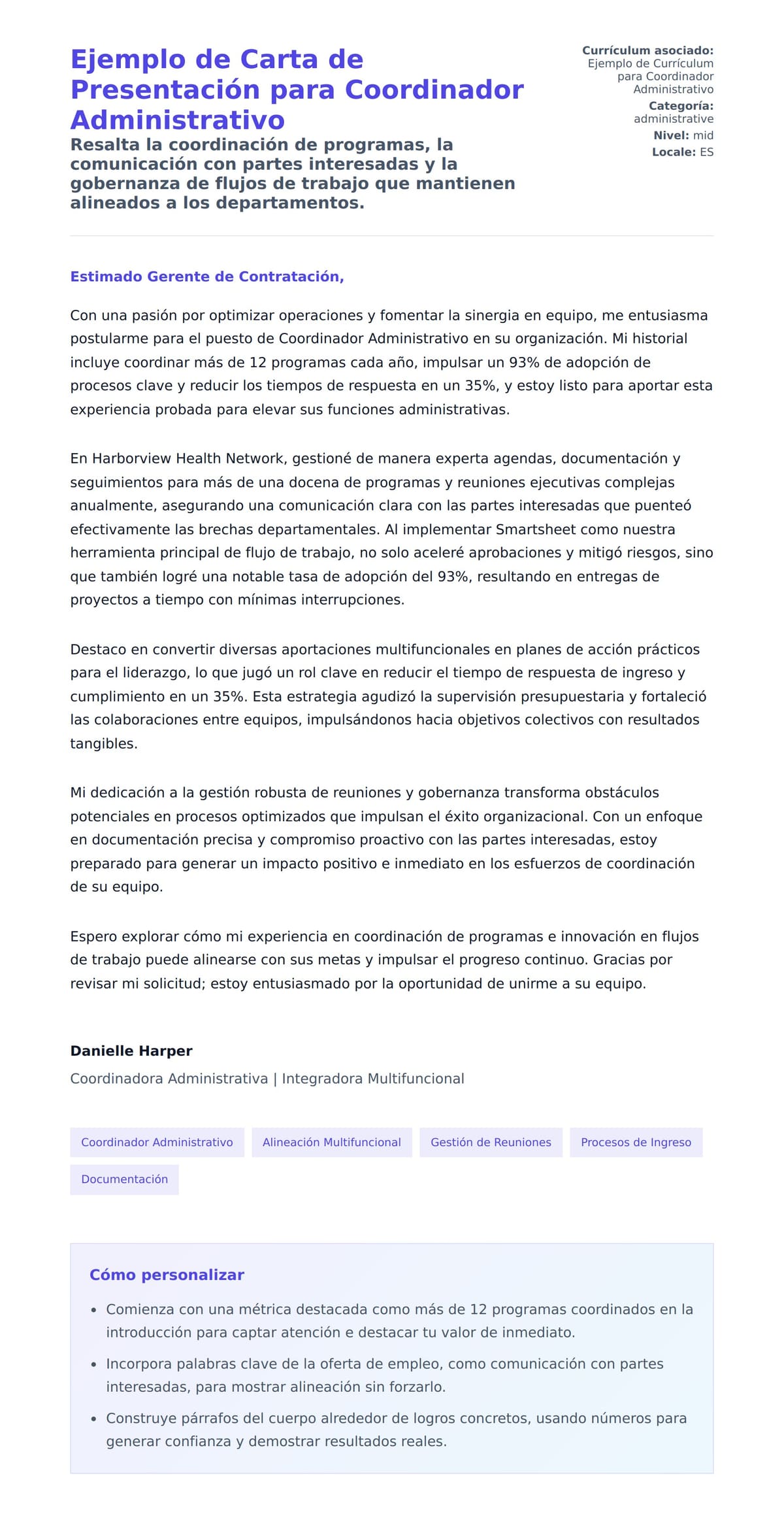 Vista previa de la carta para Ejemplo de Carta de Presentación para Coordinador Administrativo