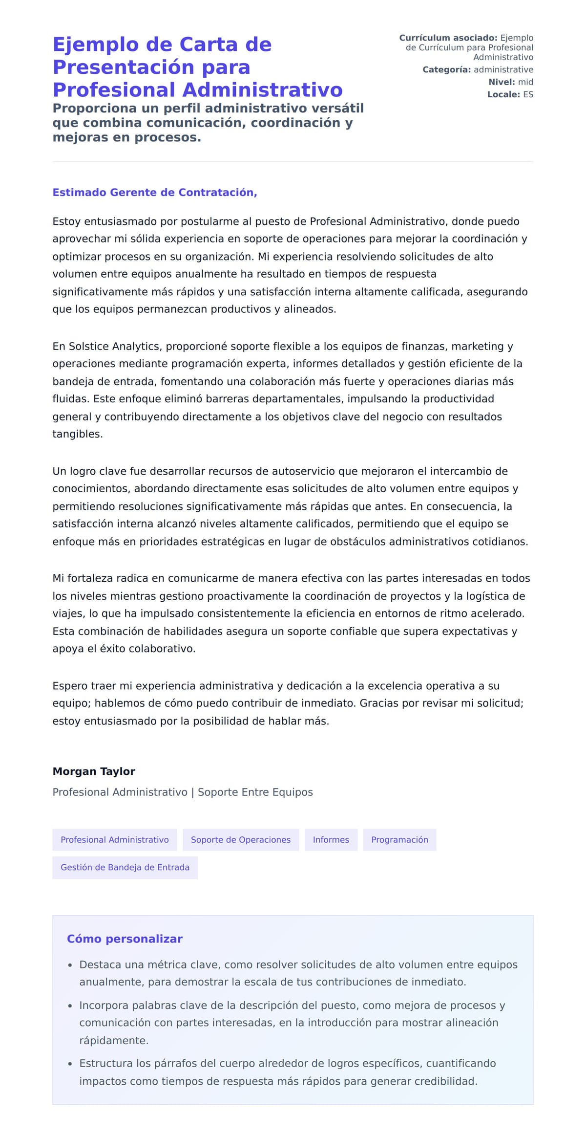 Vista previa de la carta para Ejemplo de Carta de Presentación para Profesional Administrativo