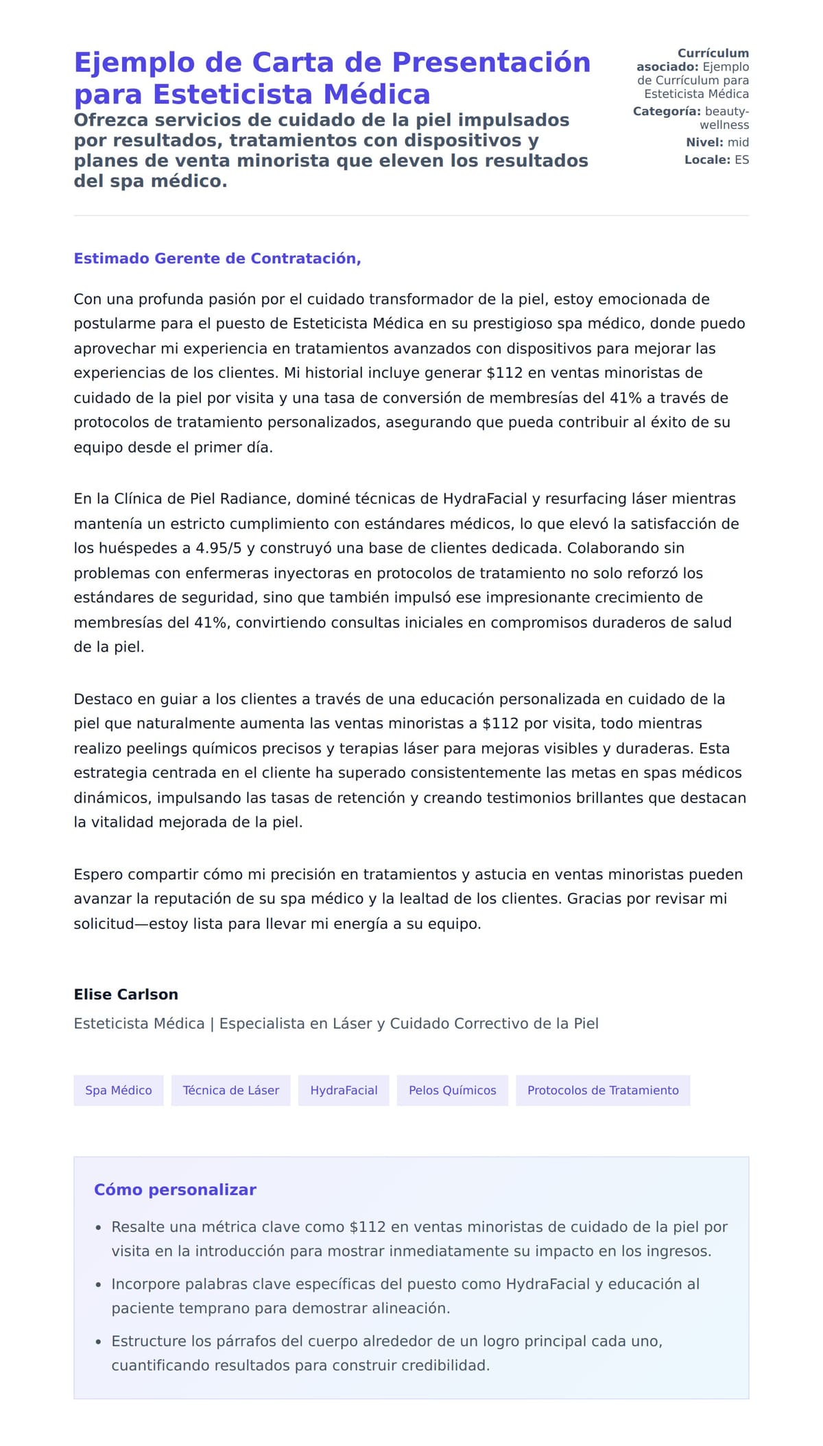 Vista previa de la carta para Ejemplo de Carta de Presentación para Esteticista Médica