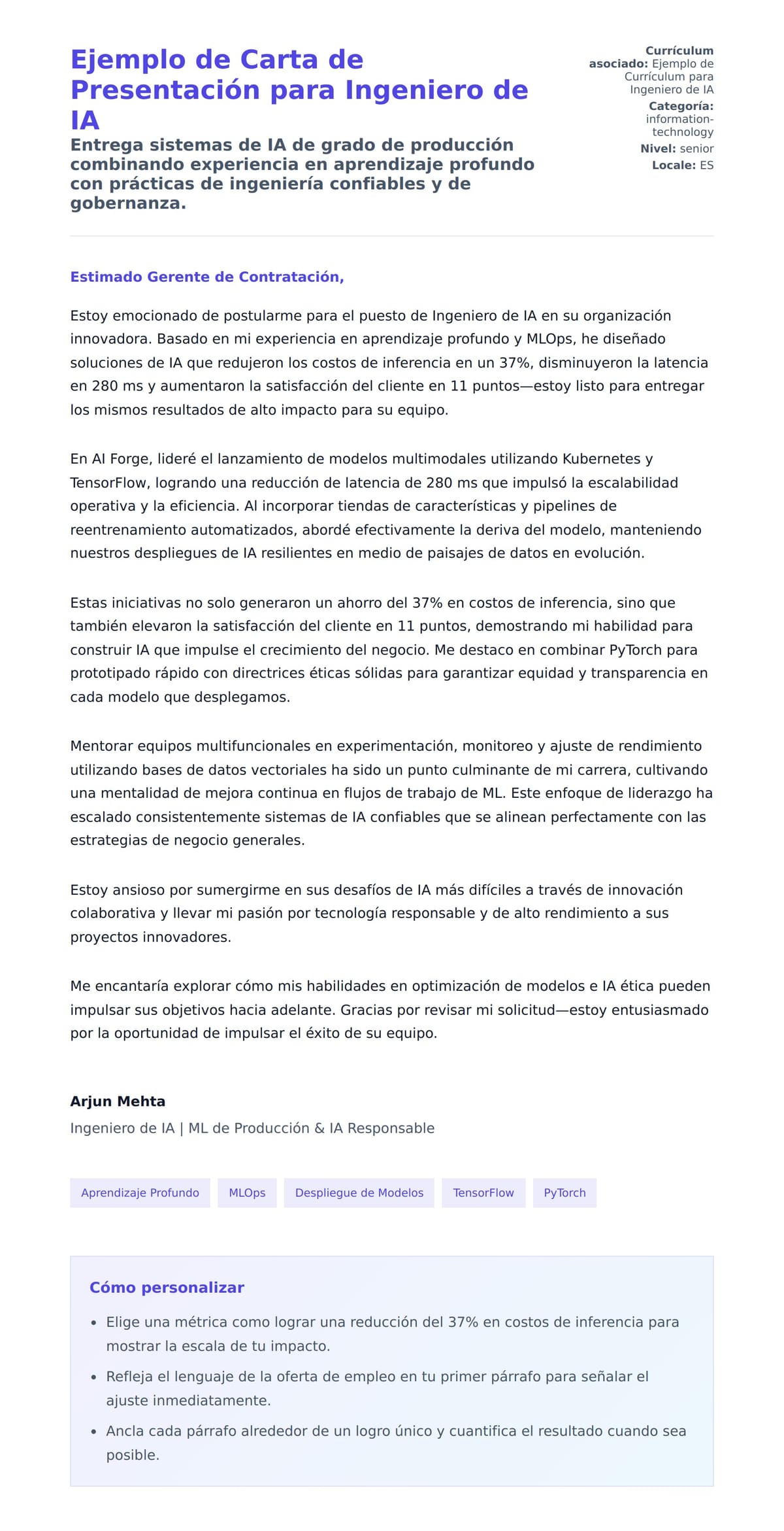 Vista previa de la carta para Ejemplo de Carta de Presentación para Ingeniero de IA