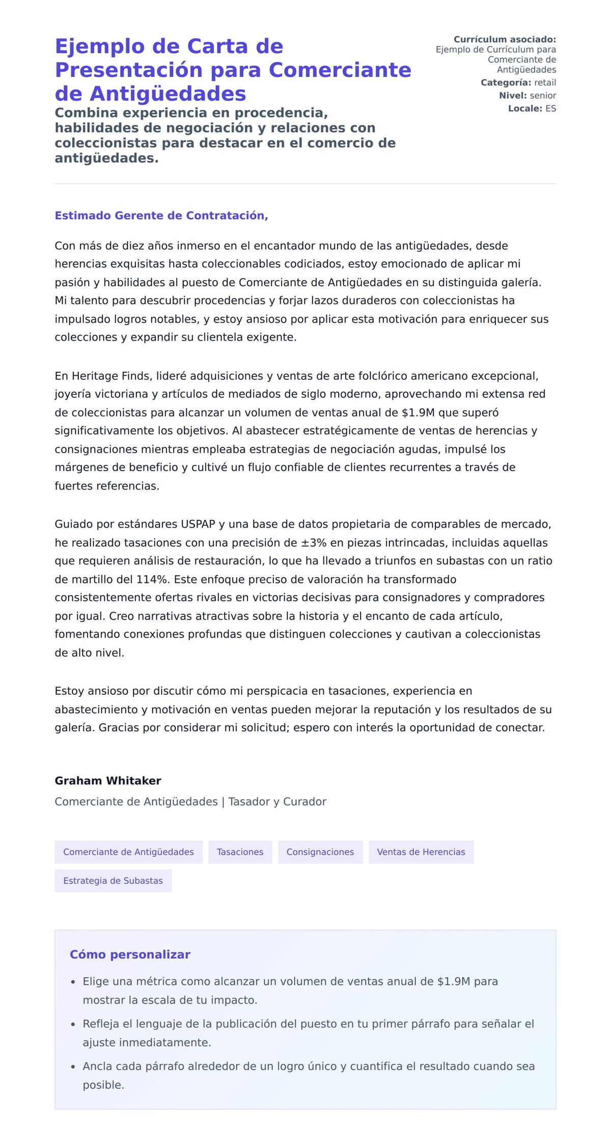 Vista previa de la carta para Ejemplo de Carta de Presentación para Comerciante de Antigüedades