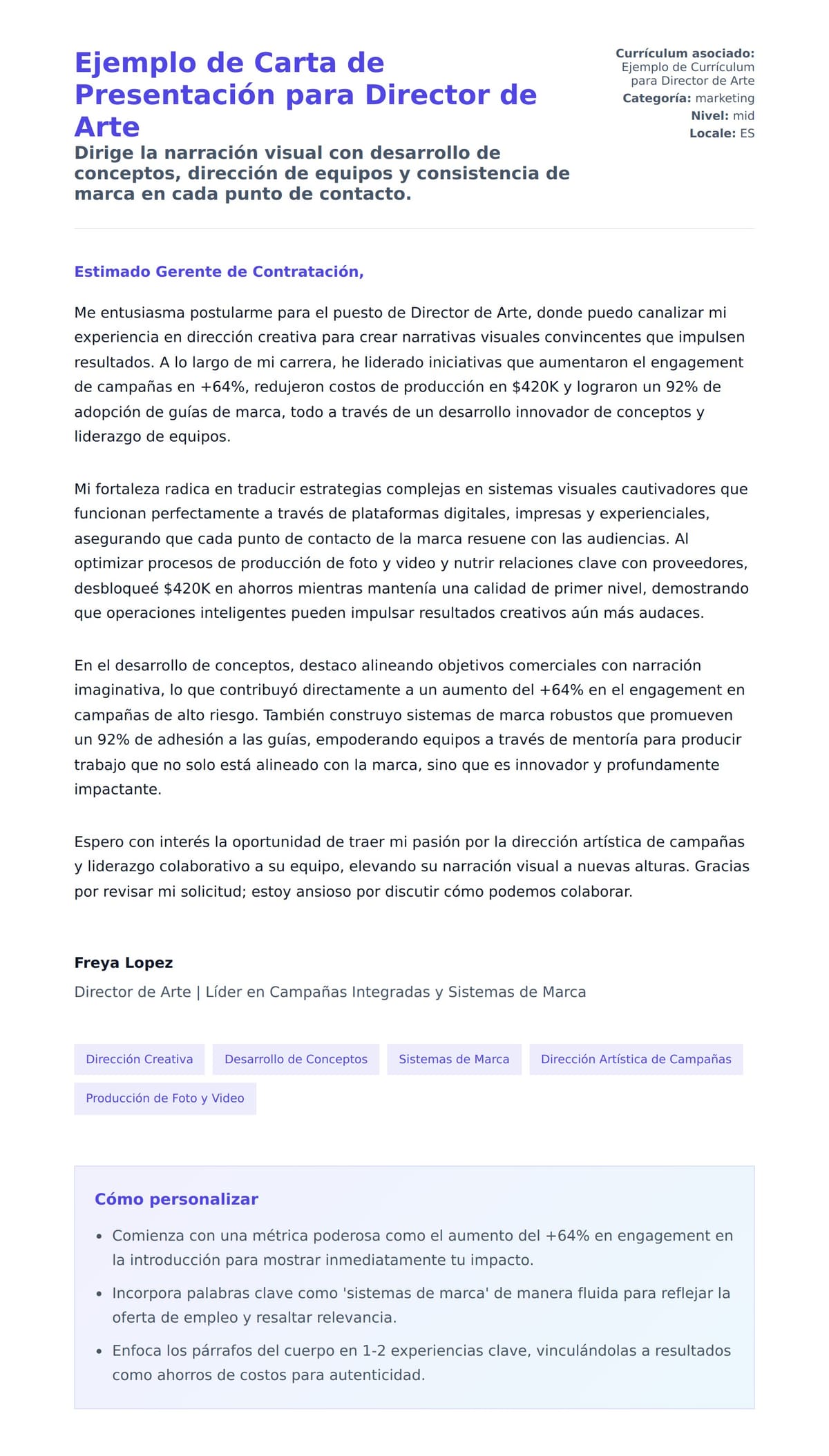 Vista previa de la carta para Ejemplo de Carta de Presentación para Director de Arte