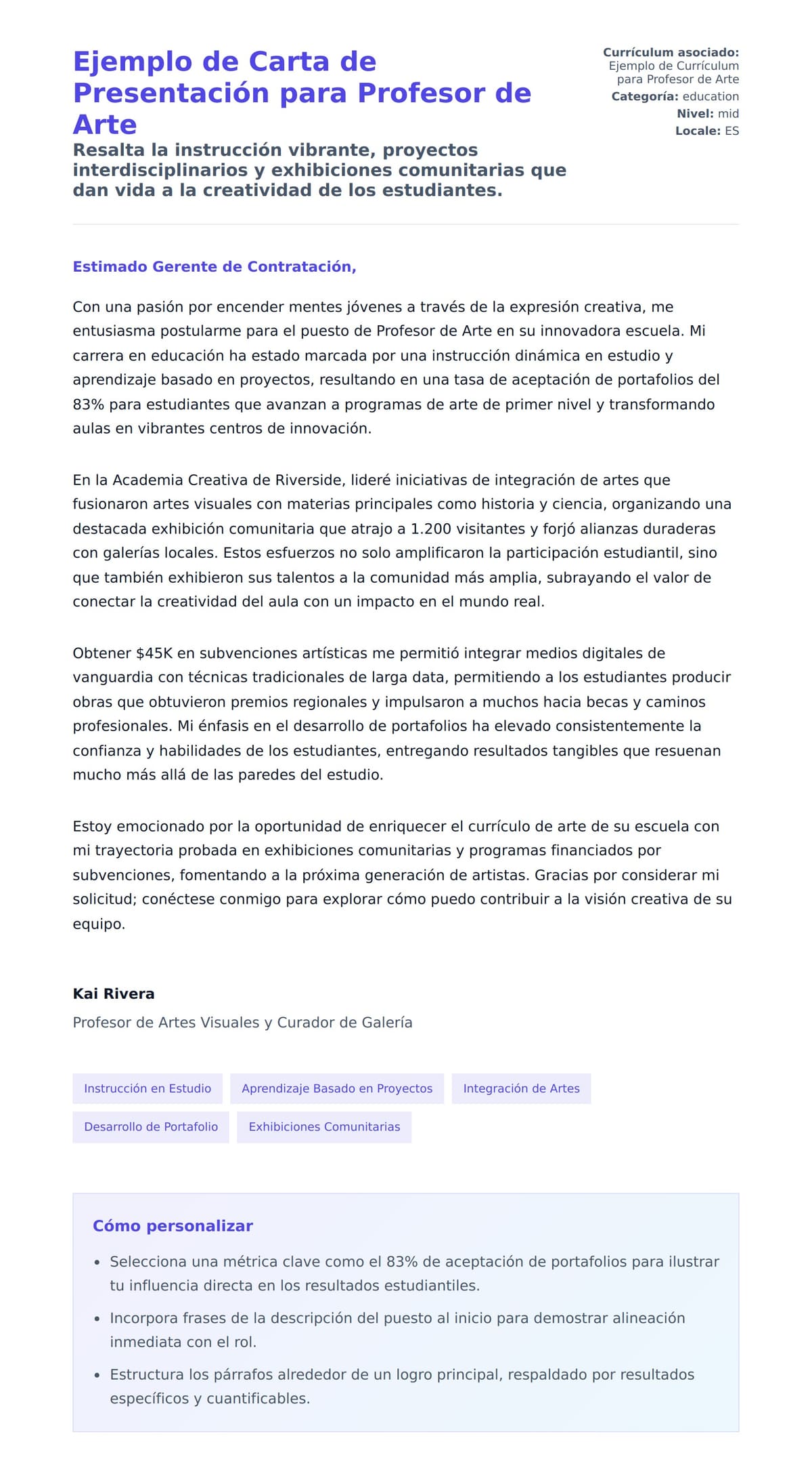 Vista previa de la carta para Ejemplo de Carta de Presentación para Profesor de Arte