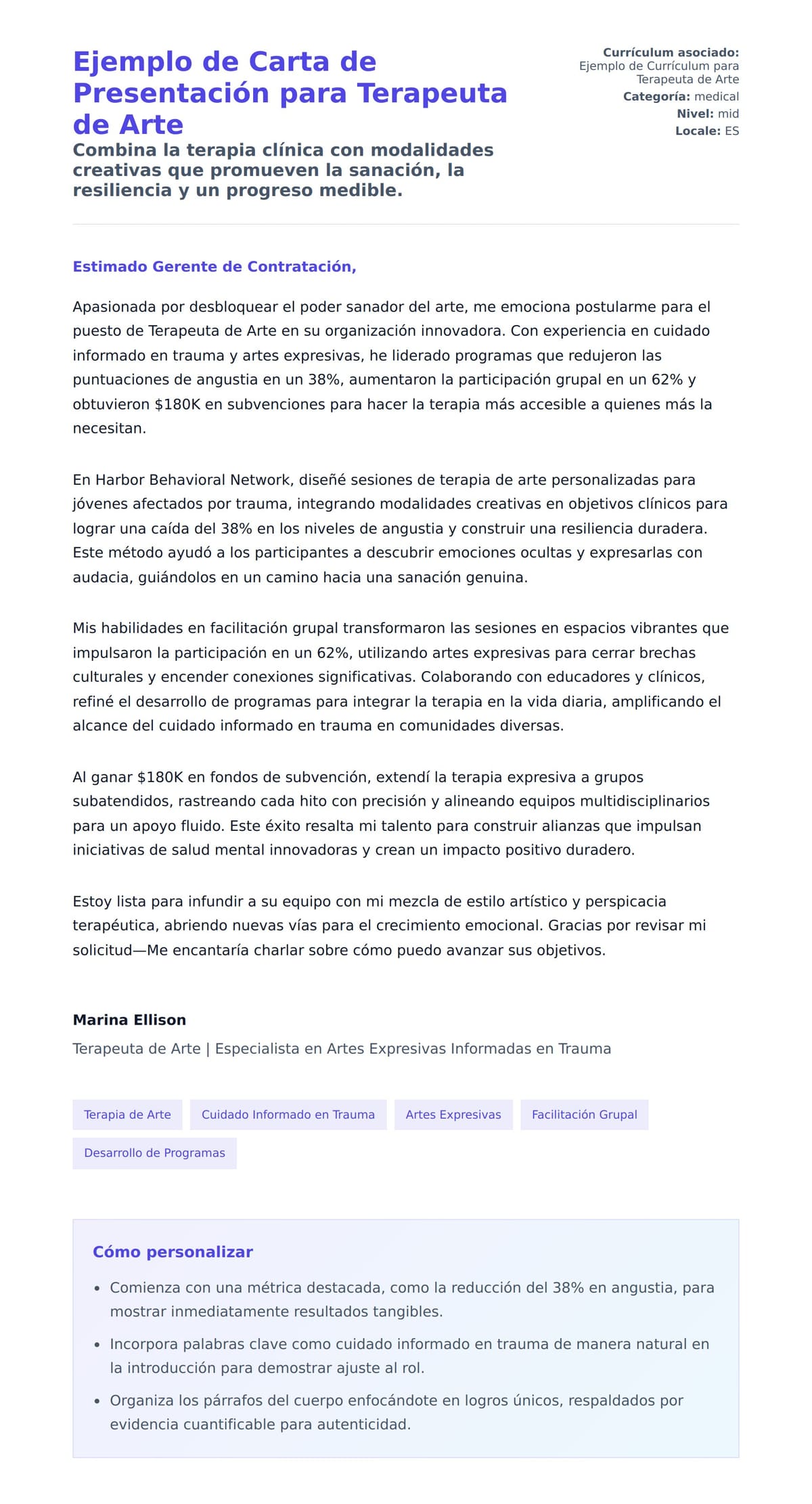 Vista previa de la carta para Ejemplo de Carta de Presentación para Terapeuta de Arte