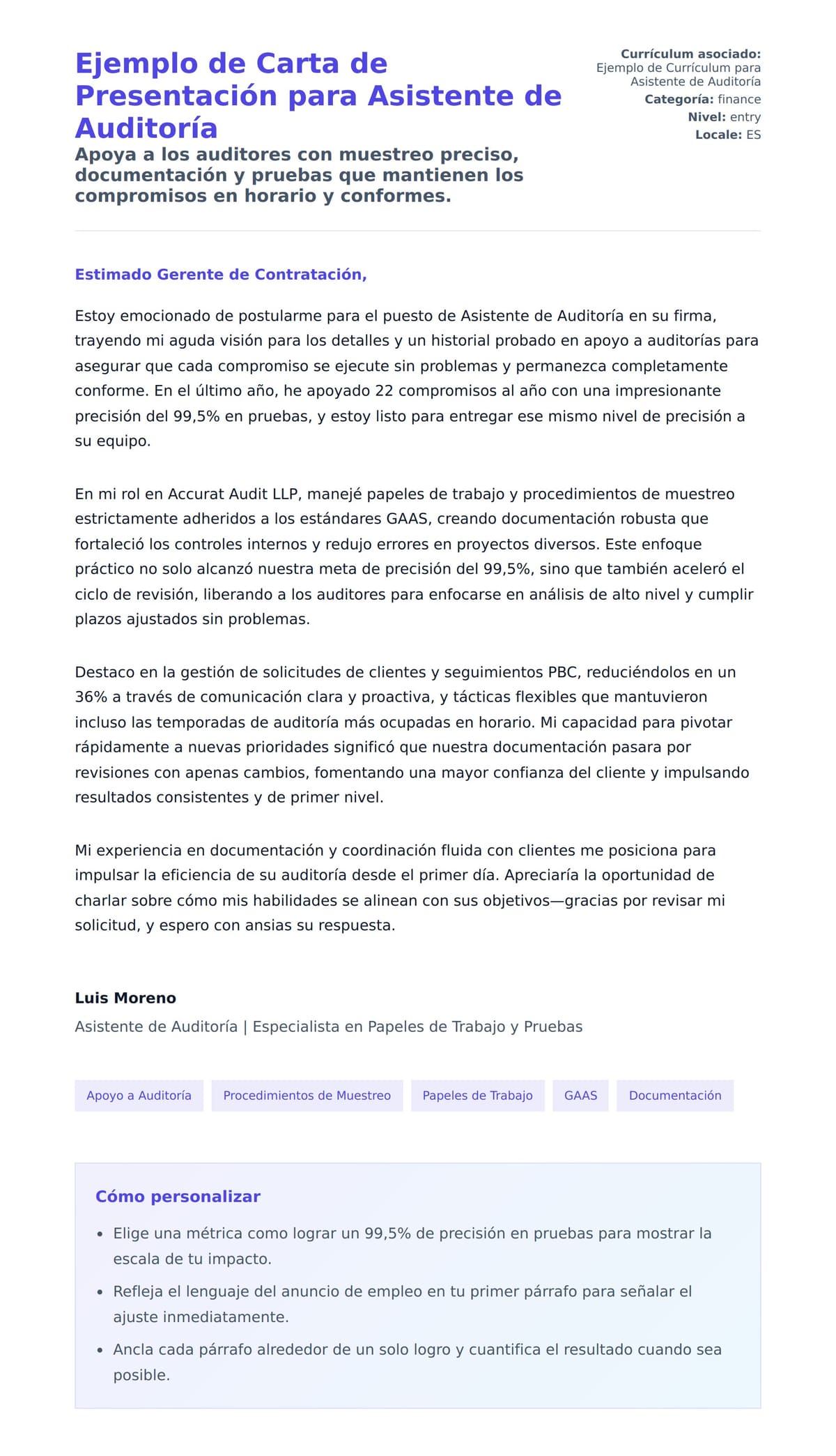 Vista previa de la carta para Ejemplo de Carta de Presentación para Asistente de Auditoría