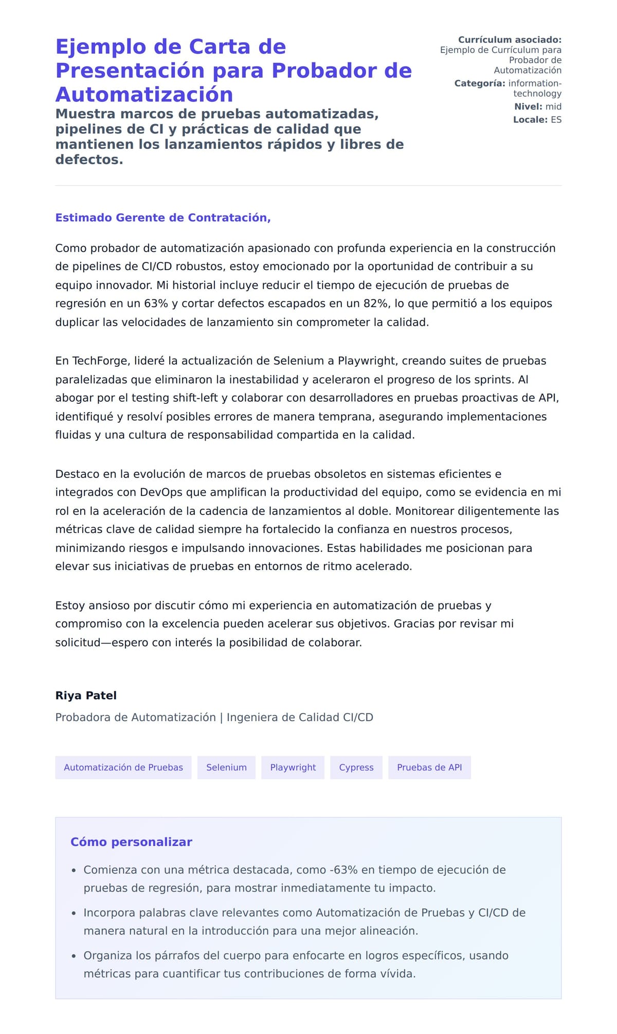Vista previa de la carta para Ejemplo de Carta de Presentación para Probador de Automatización