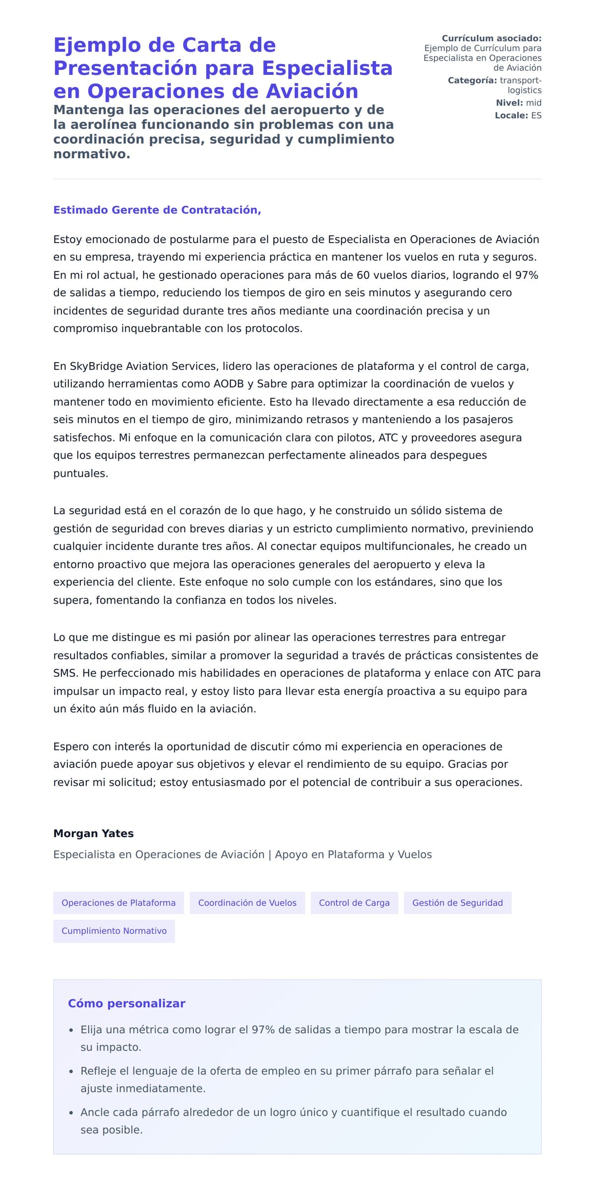 Vista previa de la carta para Ejemplo de Carta de Presentación para Especialista en Operaciones de Aviación