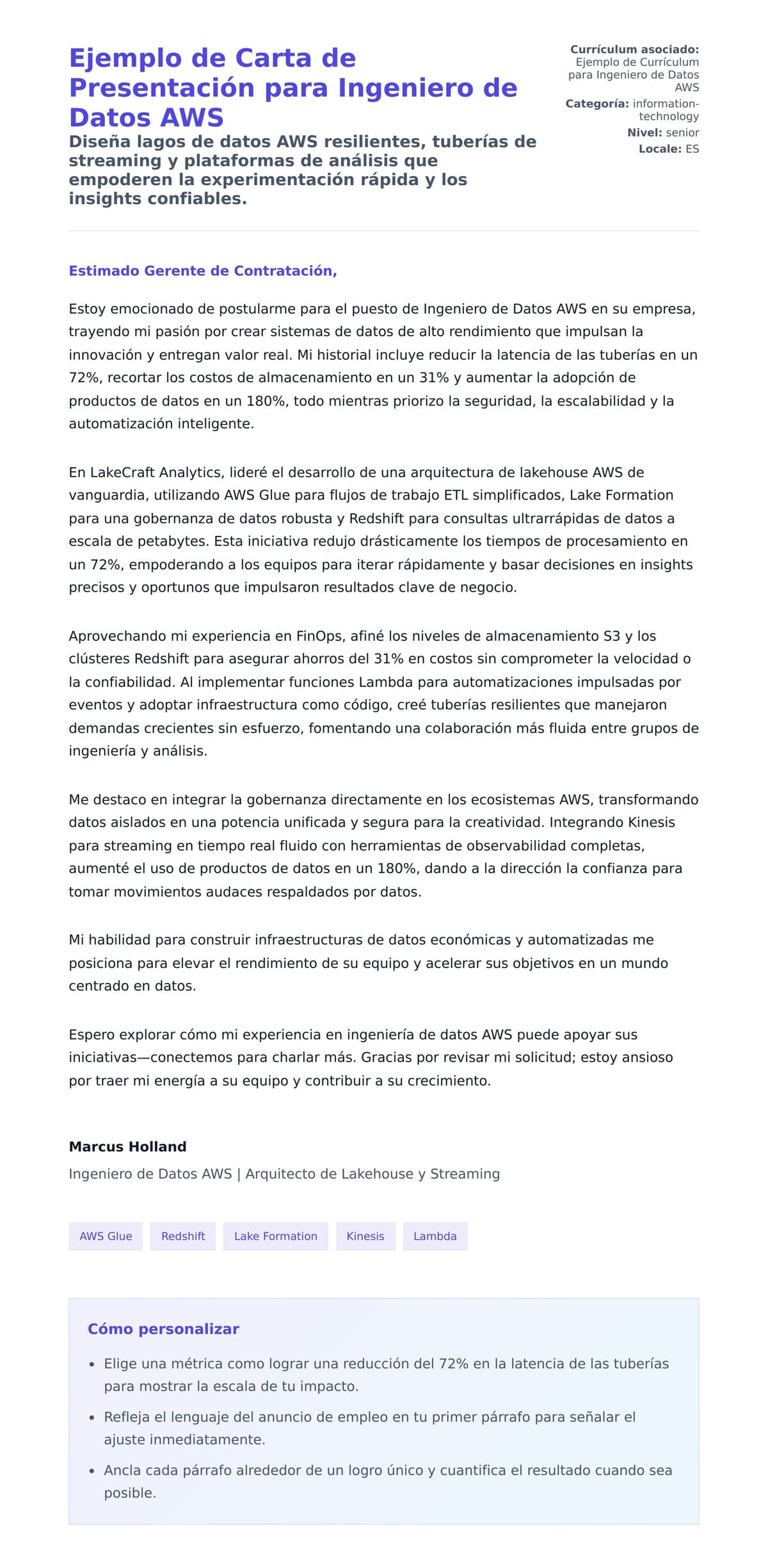 Vista previa de la carta para Ejemplo de Carta de Presentación para Ingeniero de Datos AWS