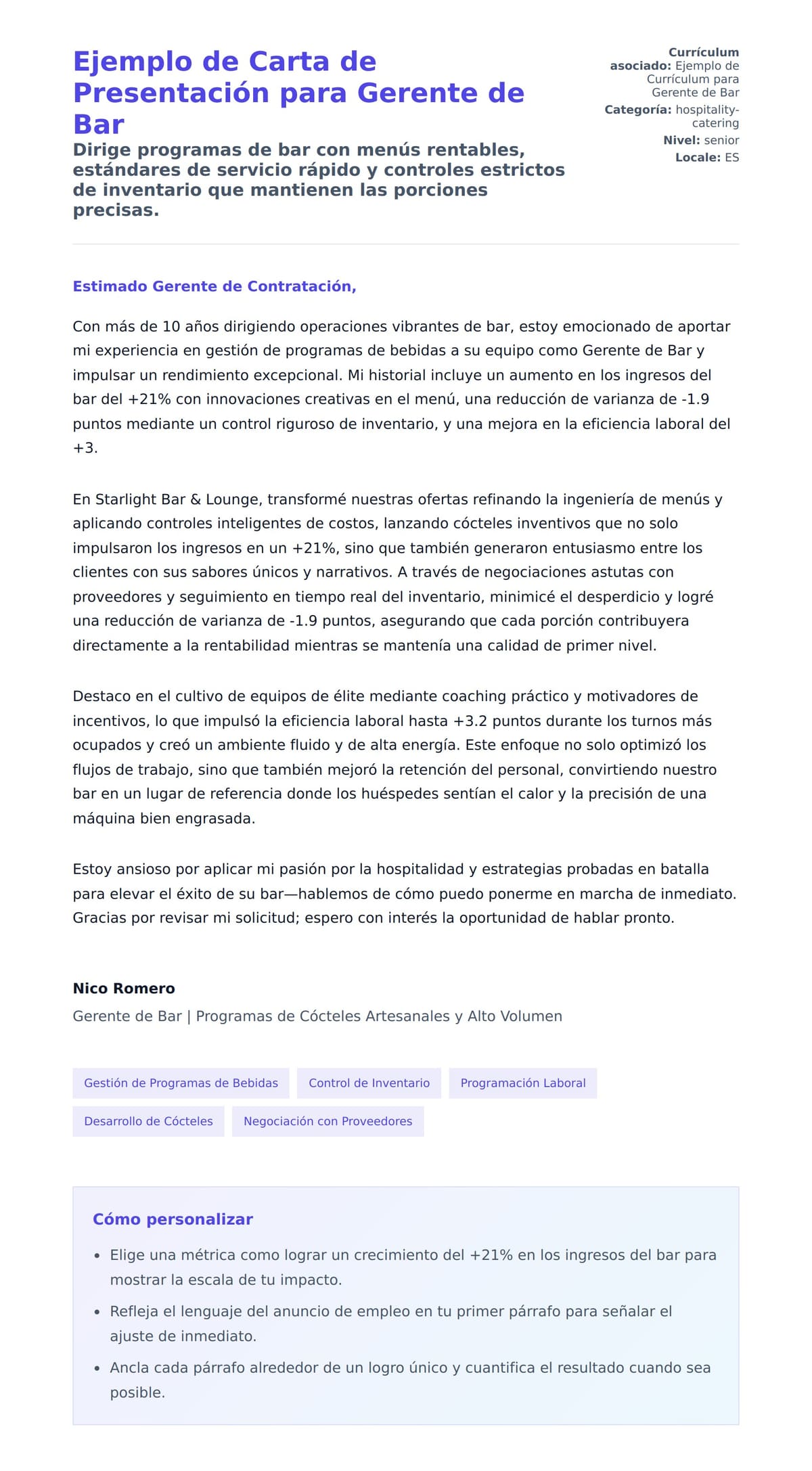 Vista previa de la carta para Ejemplo de Carta de Presentación para Gerente de Bar