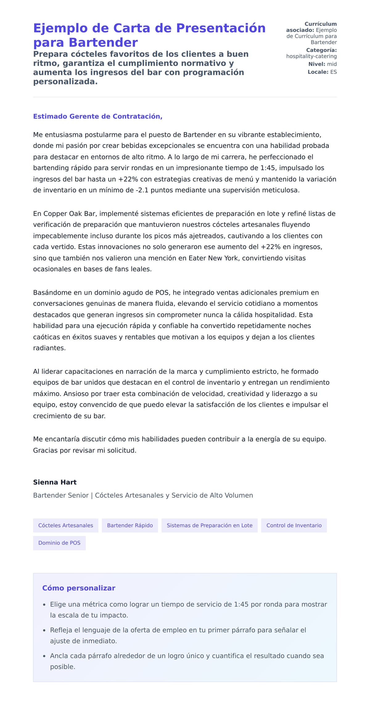 Vista previa de la carta para Ejemplo de Carta de Presentación para Bartender