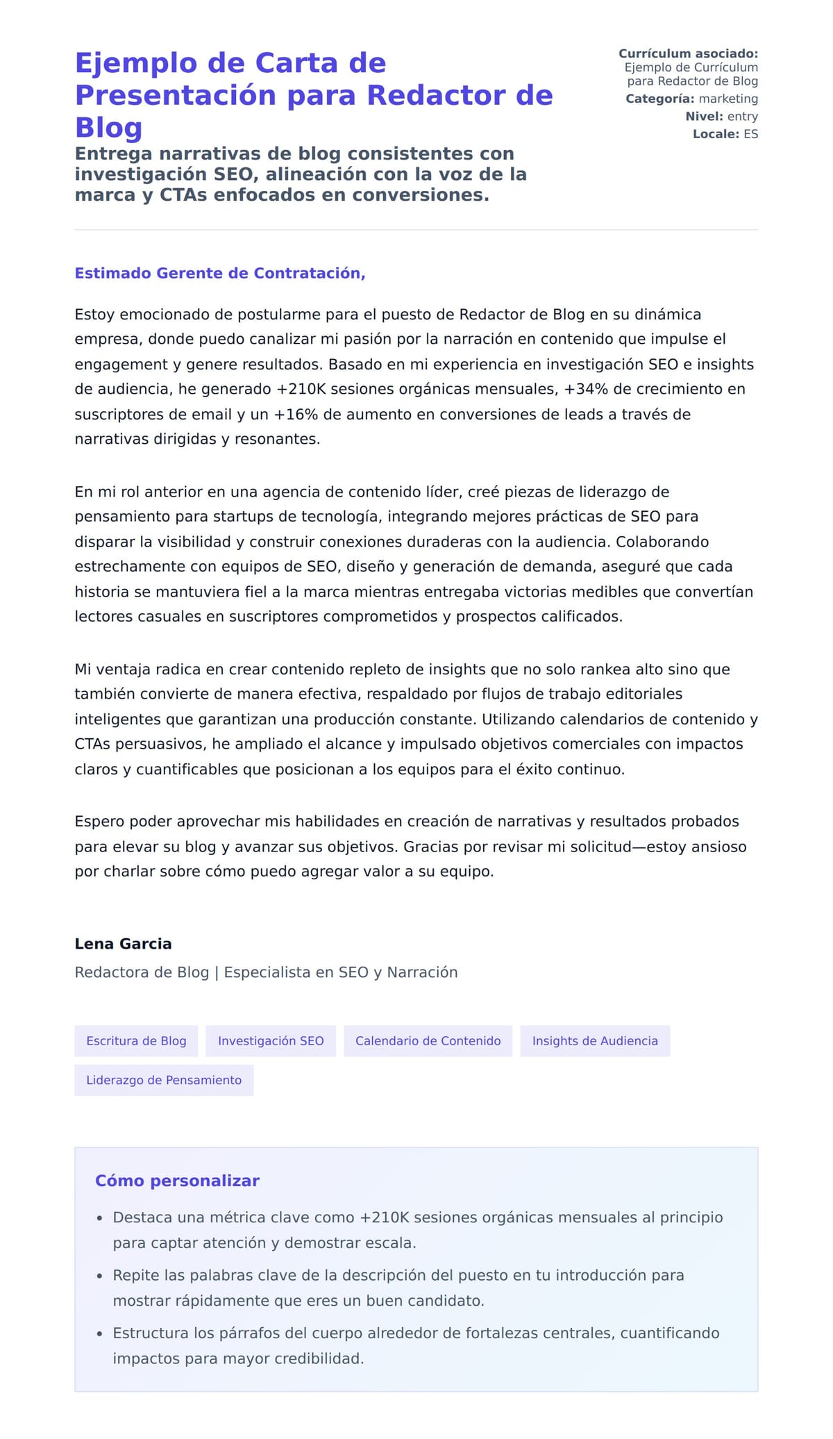 Vista previa de la carta para Ejemplo de Carta de Presentación para Redactor de Blog