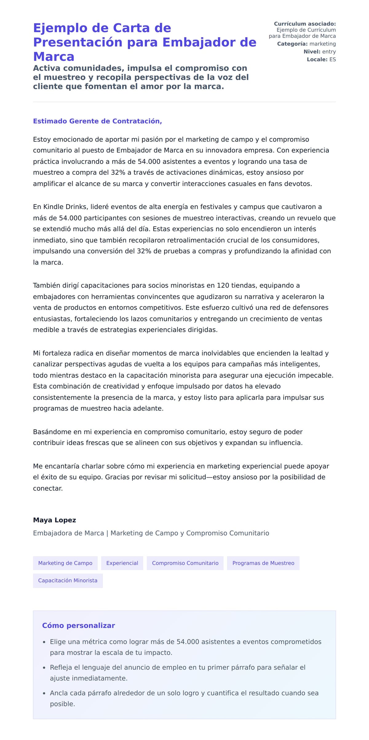 Vista previa de la carta para Ejemplo de Carta de Presentación para Embajador de Marca