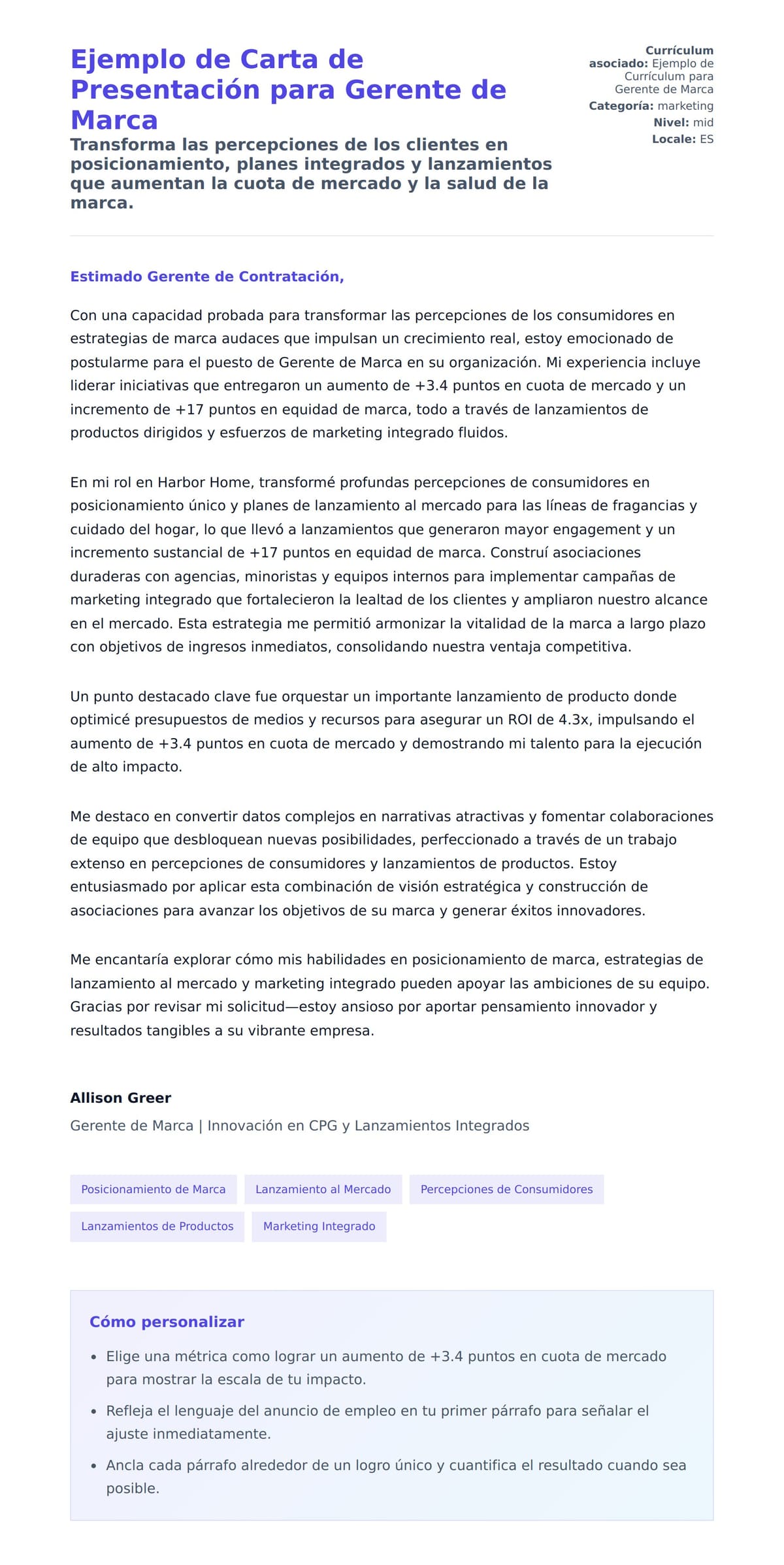 Vista previa de la carta para Ejemplo de Carta de Presentación para Gerente de Marca