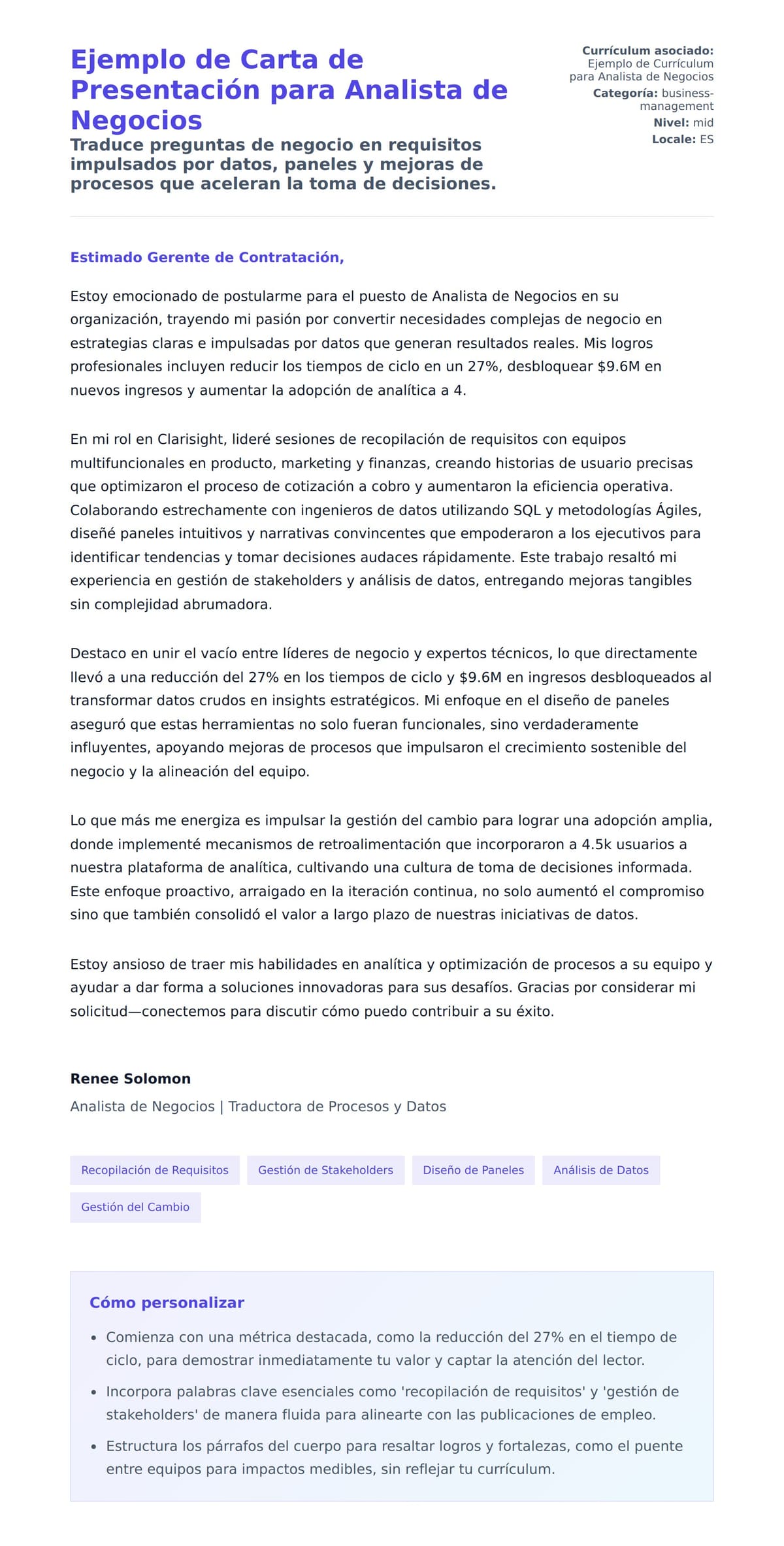 Vista previa de la carta para Ejemplo de Carta de Presentación para Analista de Negocios