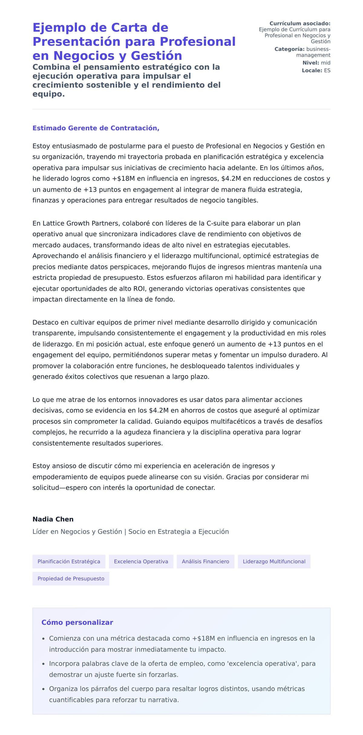 Vista previa de la carta para Ejemplo de Carta de Presentación para Profesional en Negocios y Gestión