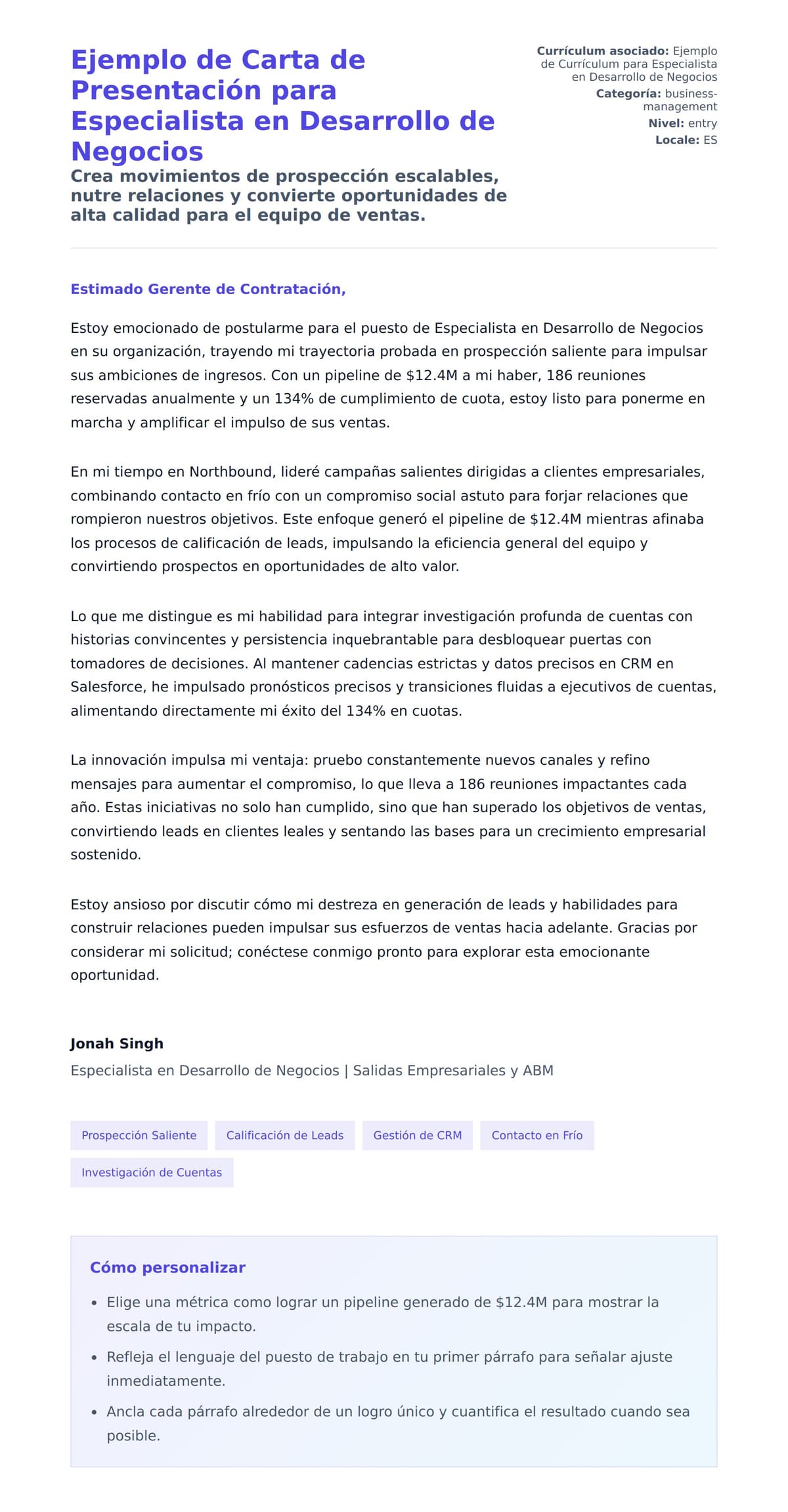 Vista previa de la carta para Ejemplo de Carta de Presentación para Especialista en Desarrollo de Negocios
