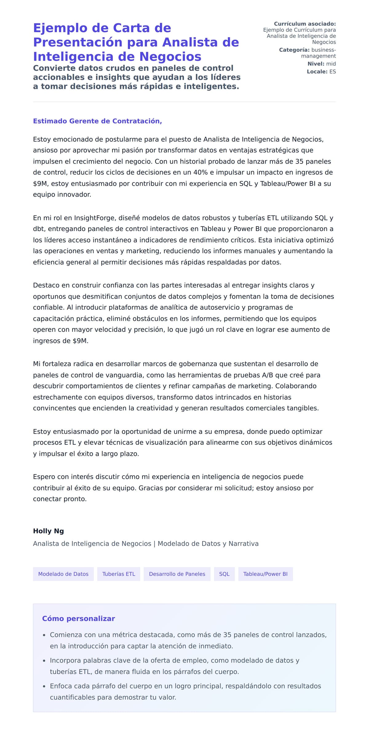 Vista previa de la carta para Ejemplo de Carta de Presentación para Analista de Inteligencia de Negocios