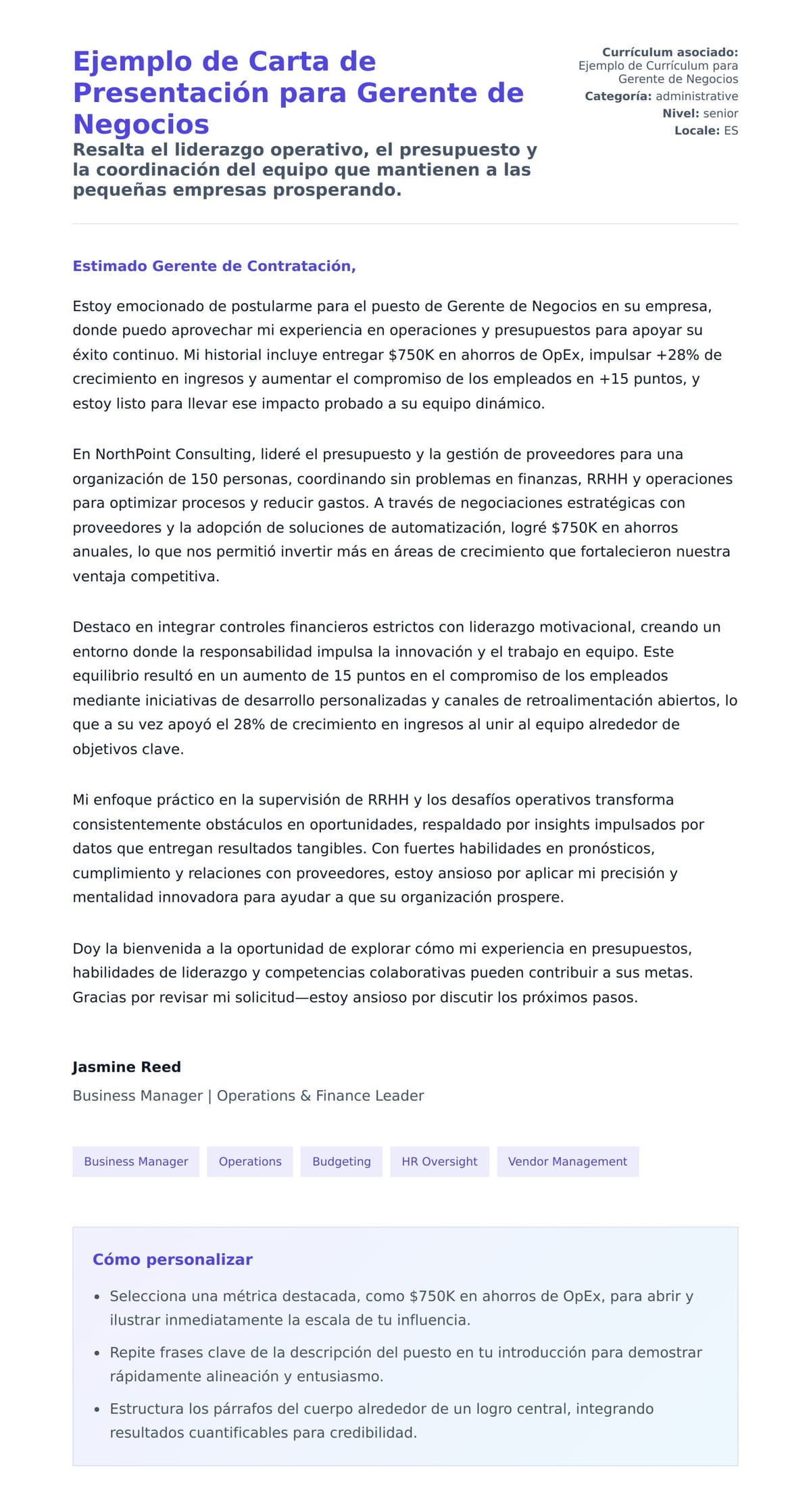 Vista previa de la carta para Ejemplo de Carta de Presentación para Gerente de Negocios