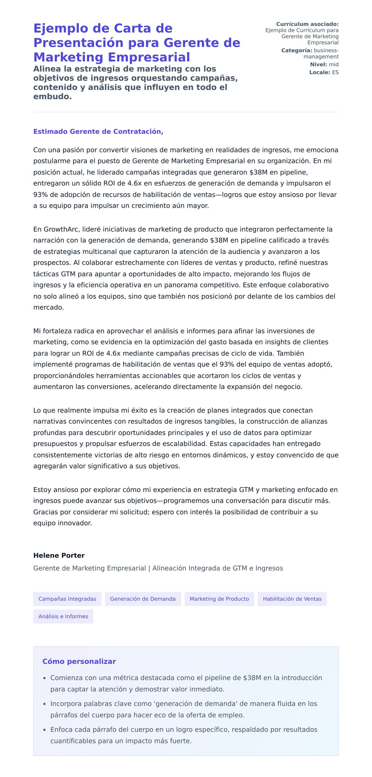 Vista previa de la carta para Ejemplo de Carta de Presentación para Gerente de Marketing Empresarial