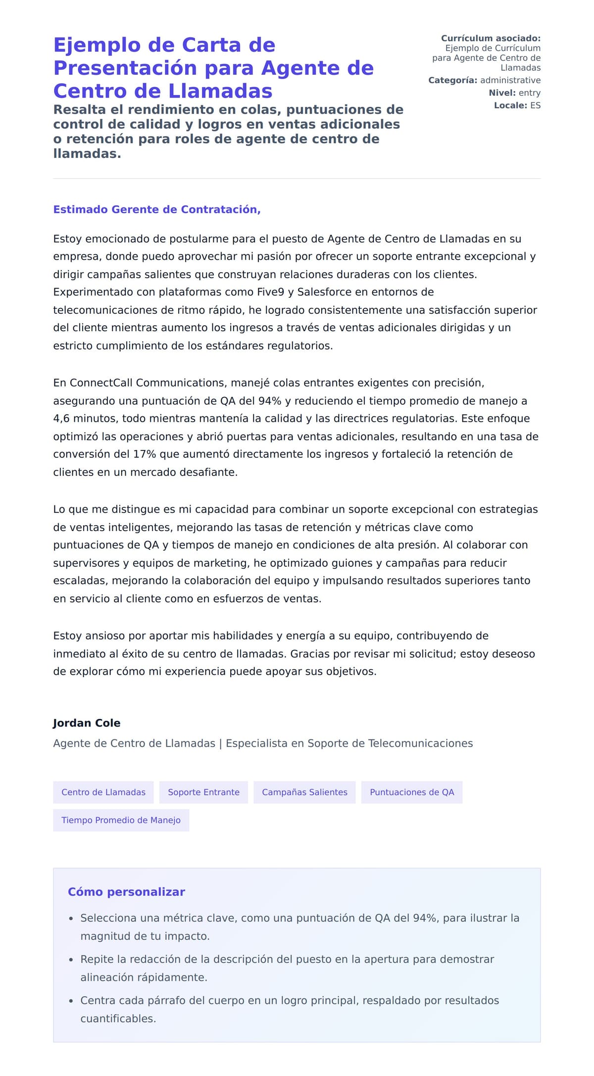 Ejemplo de Carta de Presentación para Agente de Centro de Llamadas