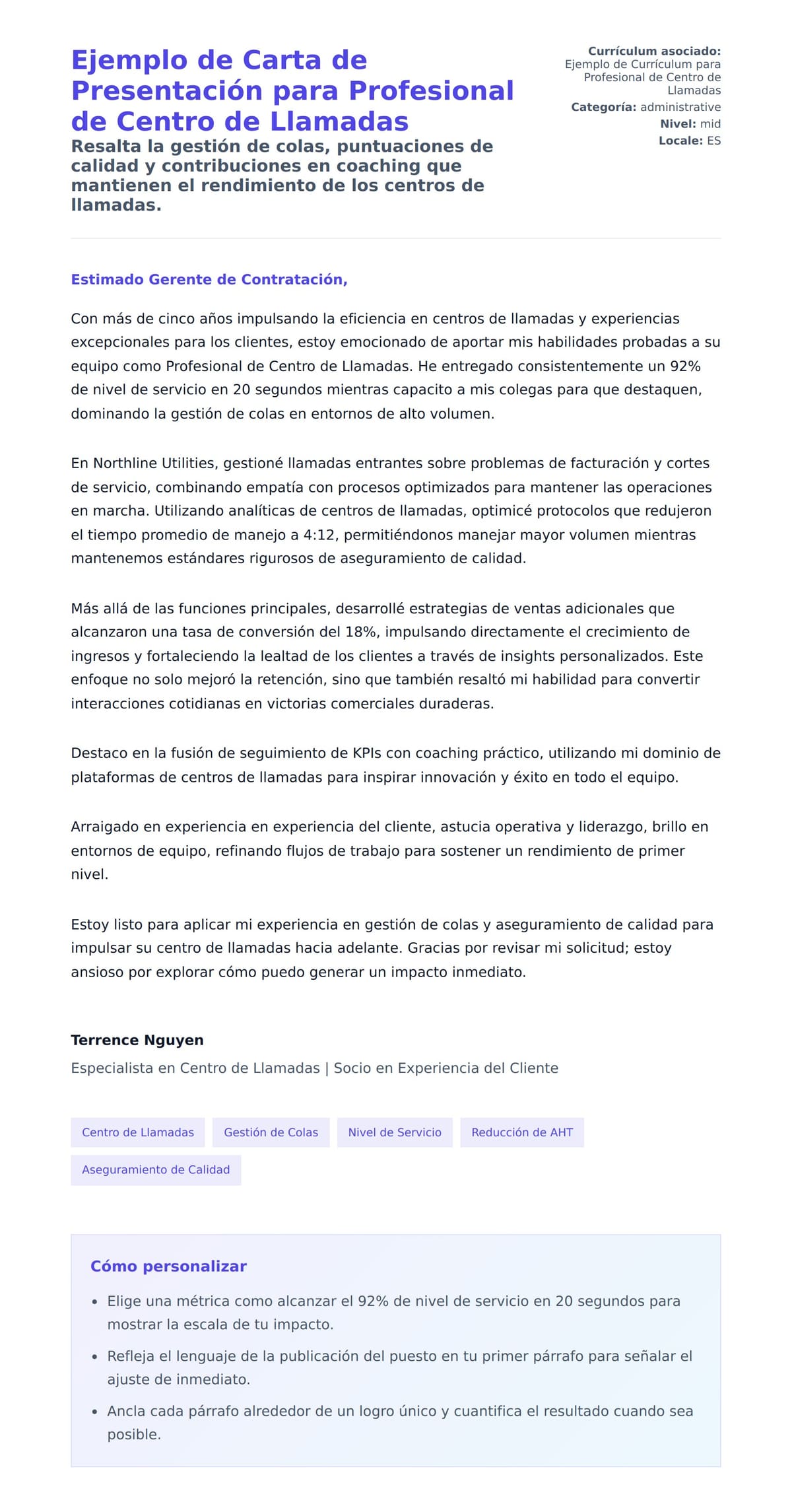 Ejemplo de Carta de Presentación para Profesional de Centro de Llamadas