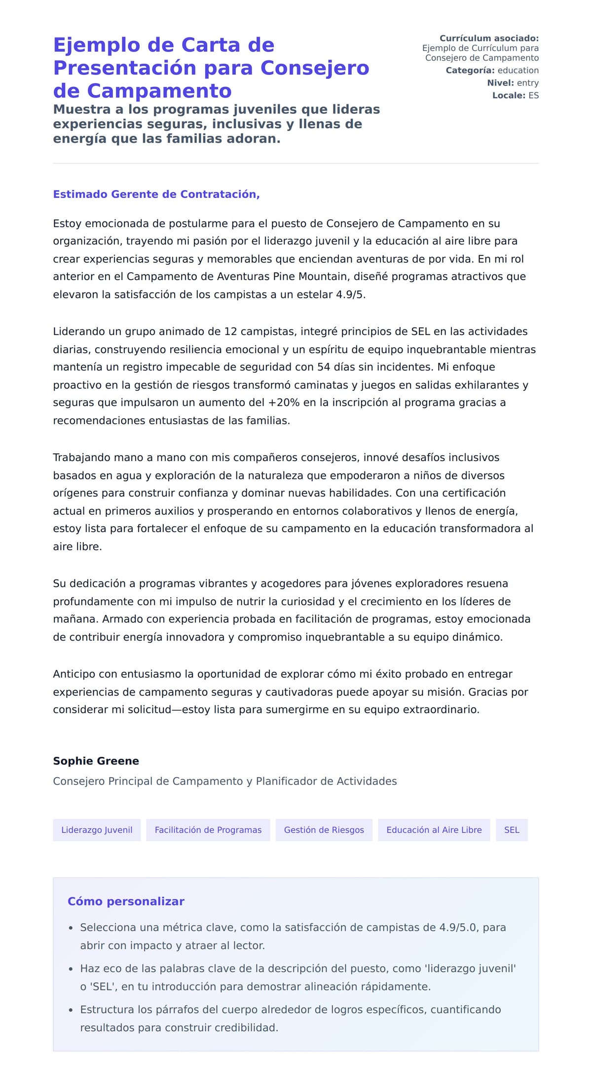 Vista previa de la carta para Ejemplo de Carta de Presentación para Consejero de Campamento