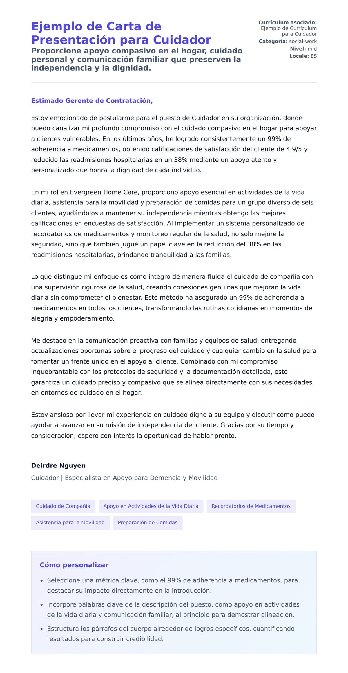Vista previa de la carta para Ejemplo de Carta de Presentación para Cuidador