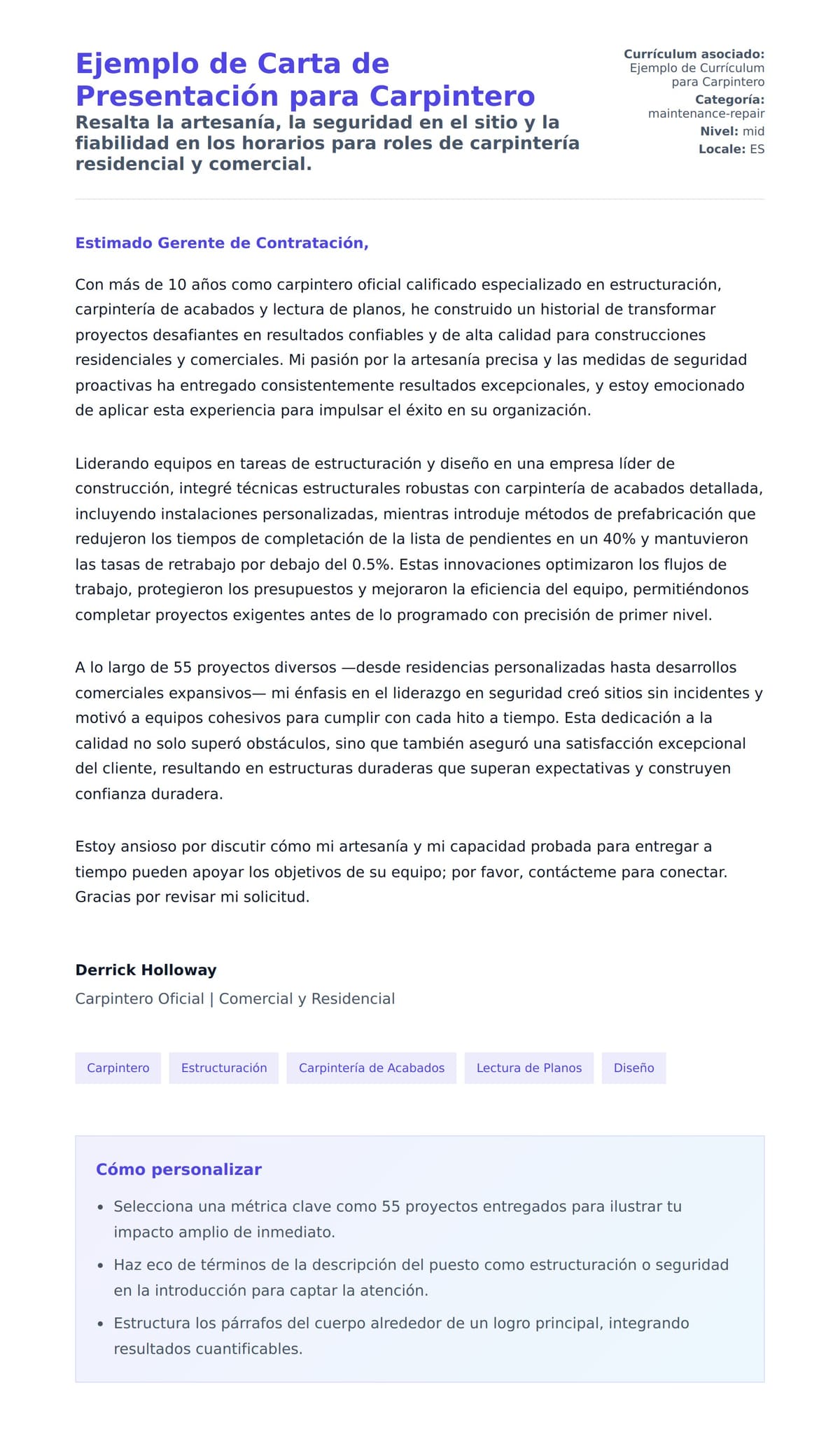 Vista previa de la carta para Ejemplo de Carta de Presentación para Carpintero