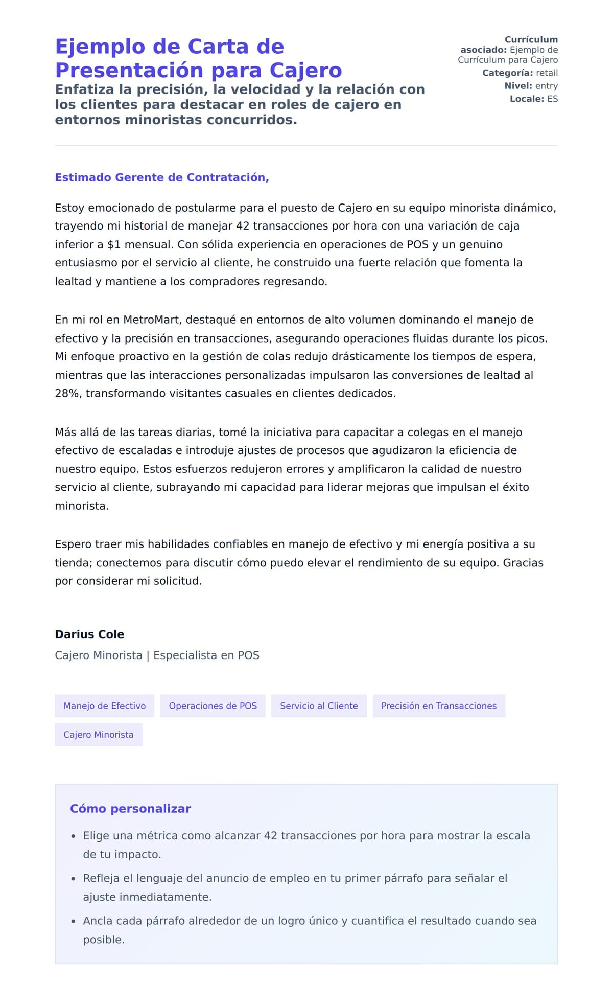 Vista previa de la carta para Ejemplo de Carta de Presentación para Cajero