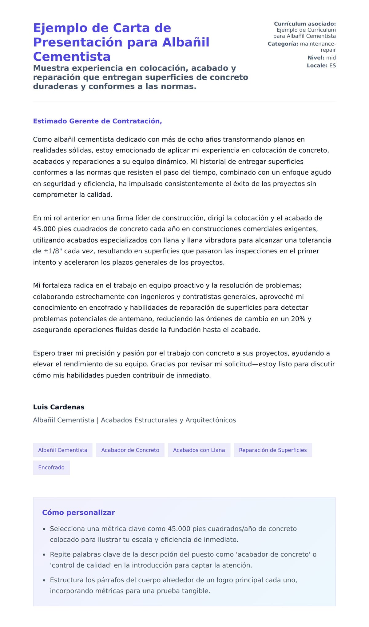 Vista previa de la carta para Ejemplo de Carta de Presentación para Albañil Cementista