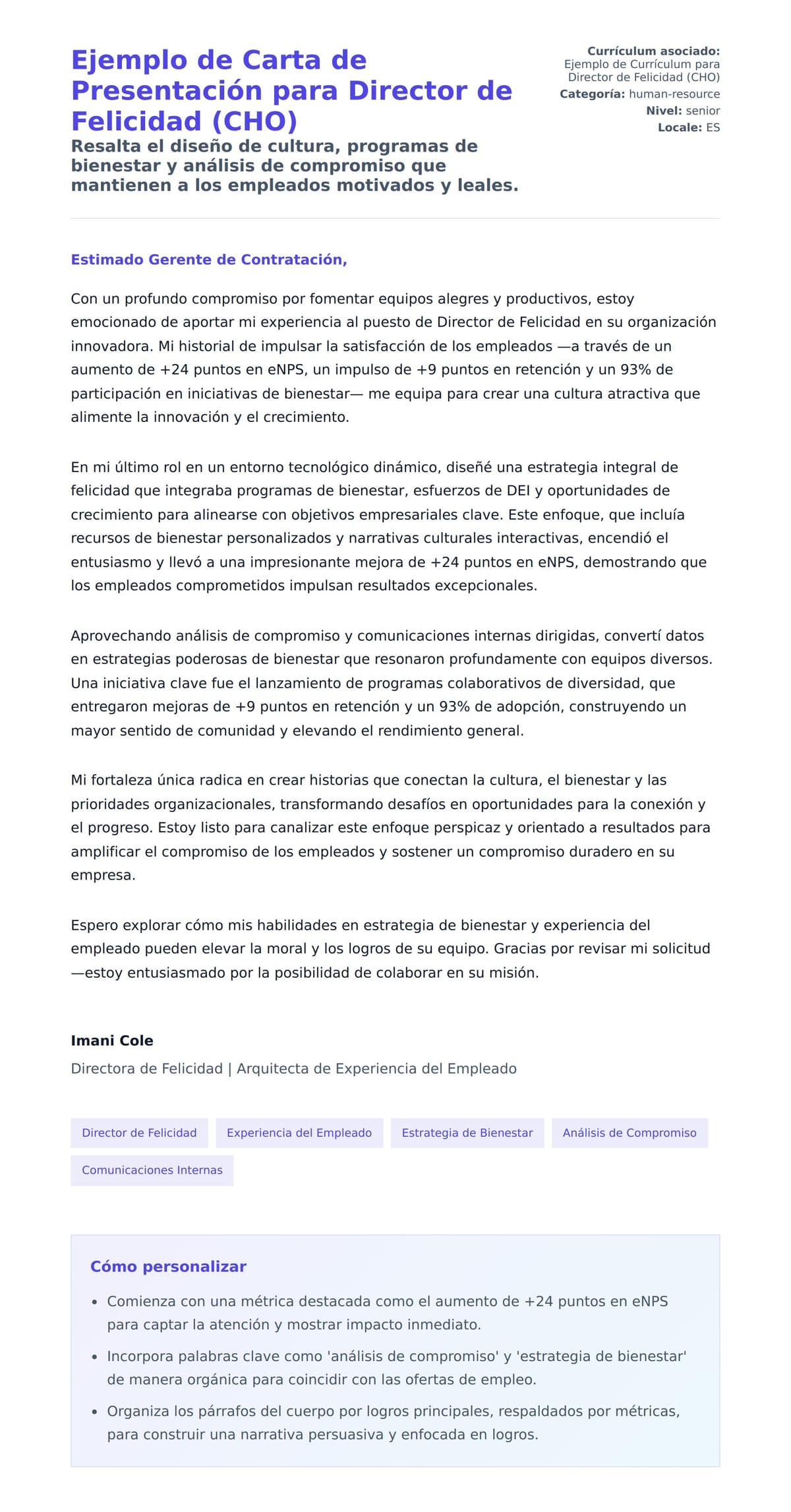 Vista previa de la carta para Ejemplo de Carta de Presentación para Director de Felicidad (CHO)