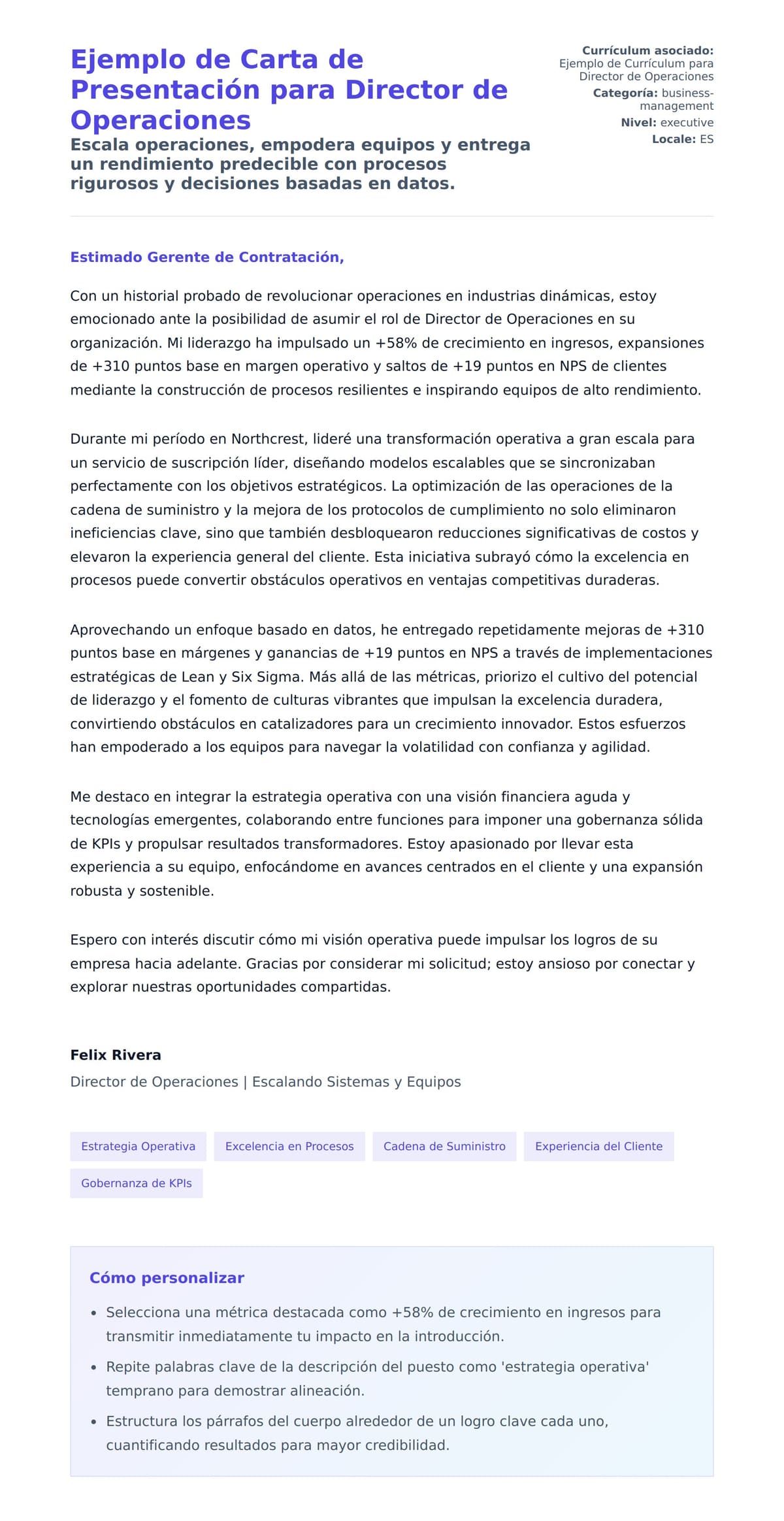 Vista previa de la carta para Ejemplo de Carta de Presentación para Director de Operaciones