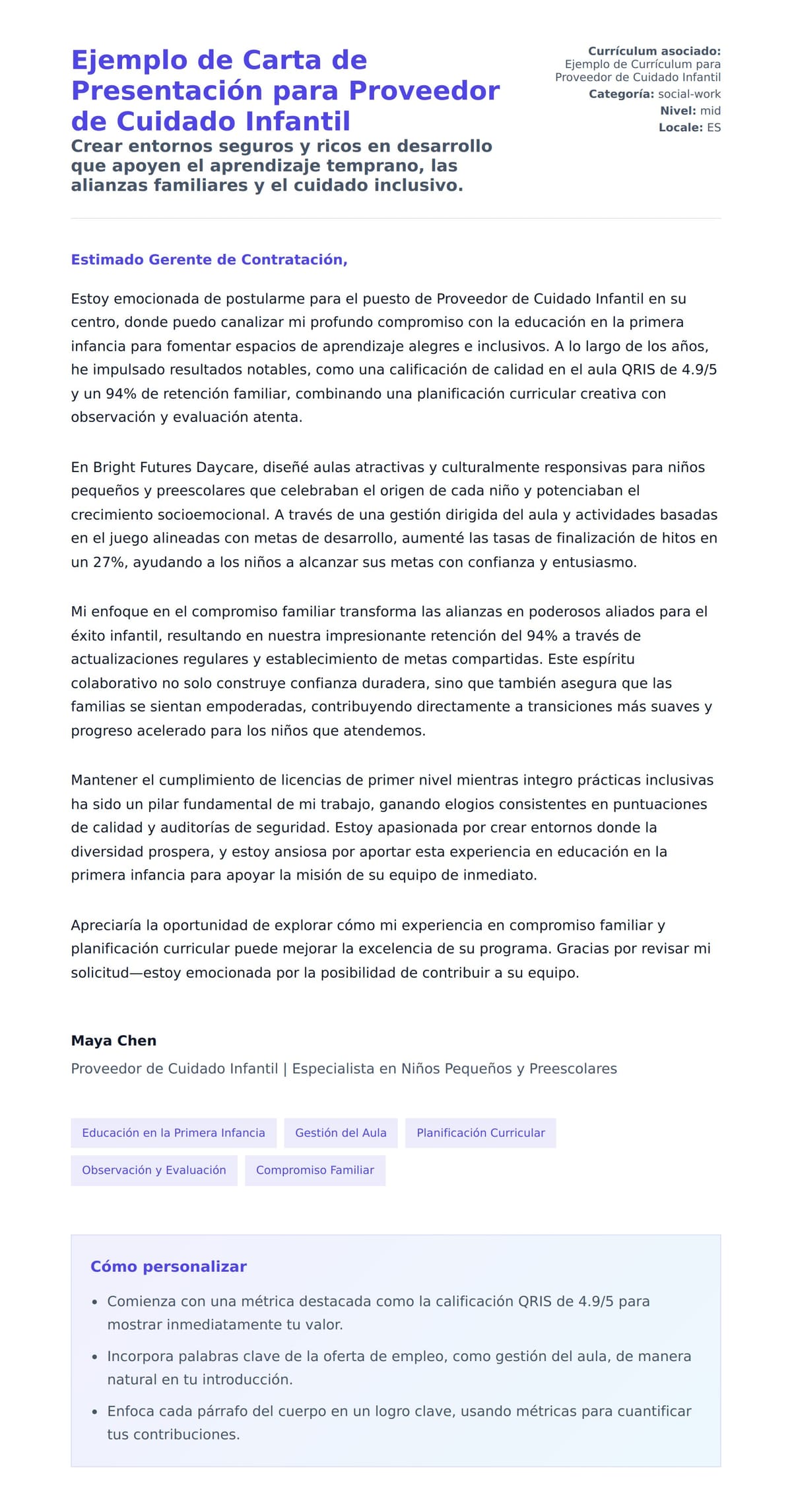 Vista previa de la carta para Ejemplo de Carta de Presentación para Proveedor de Cuidado Infantil