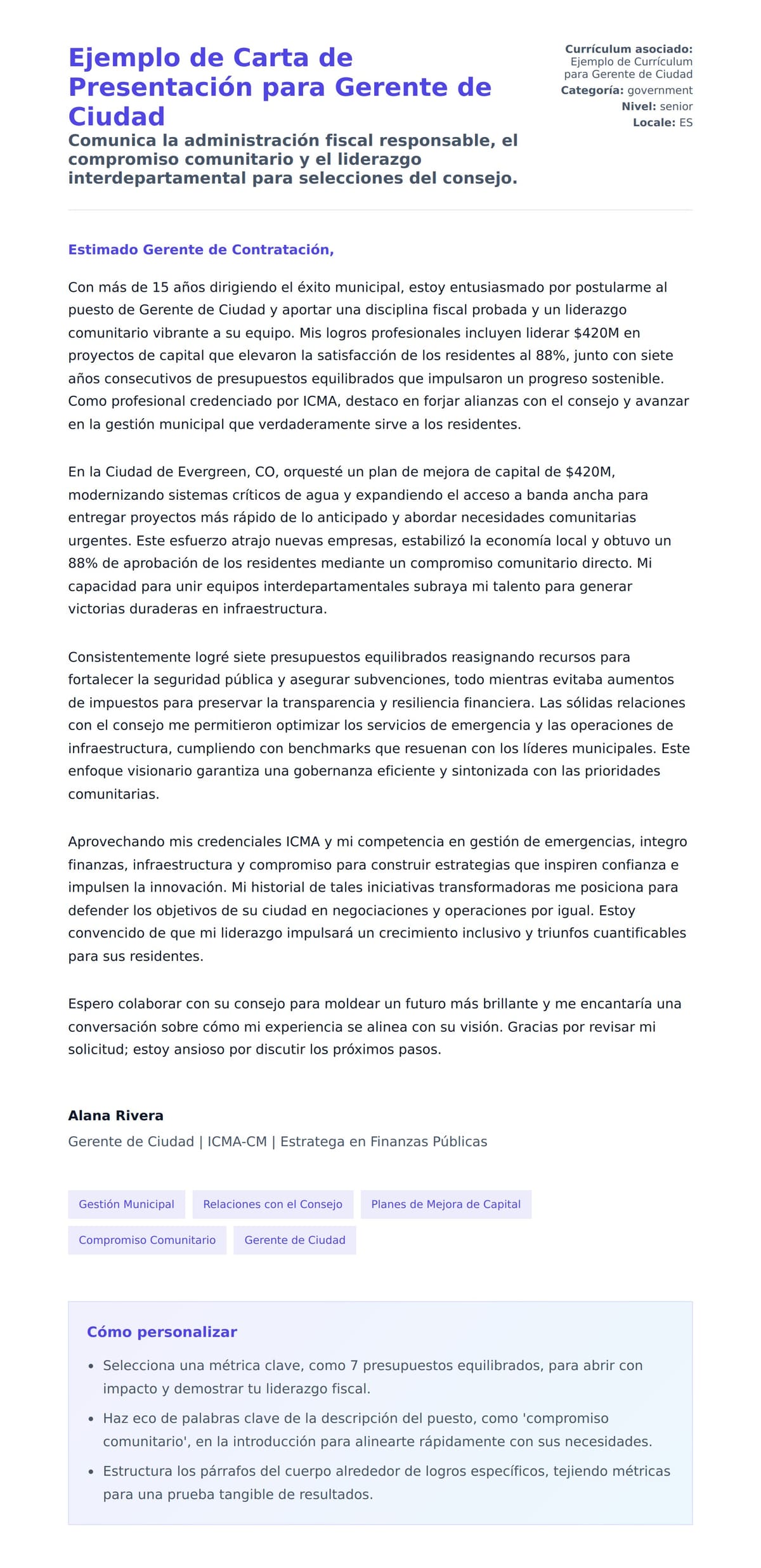 Vista previa de la carta para Ejemplo de Carta de Presentación para Gerente de Ciudad