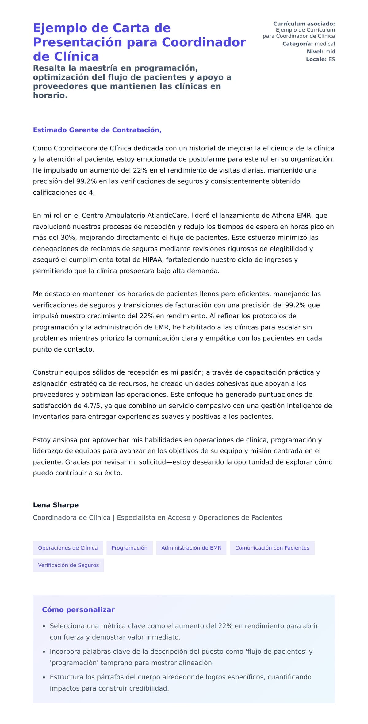 Vista previa de la carta para Ejemplo de Carta de Presentación para Coordinador de Clínica