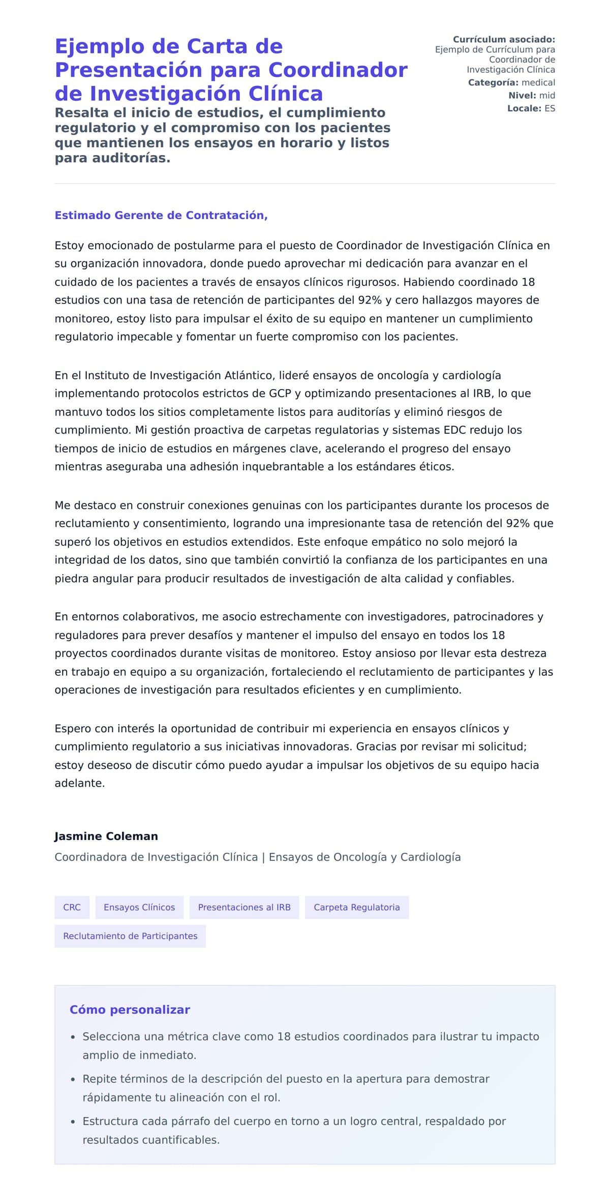 Vista previa de la carta para Ejemplo de Carta de Presentación para Coordinador de Investigación Clínica