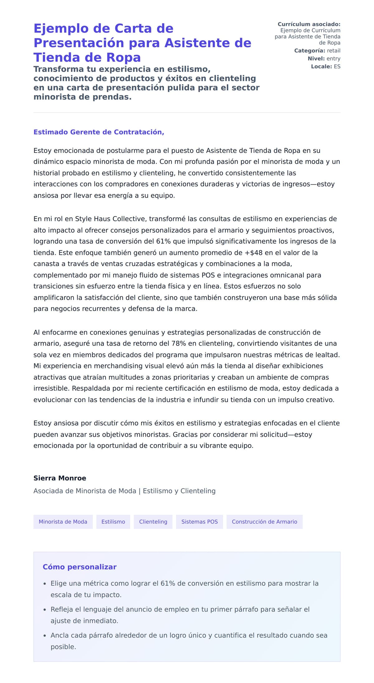 Vista previa de la carta para Ejemplo de Carta de Presentación para Asistente de Tienda de Ropa