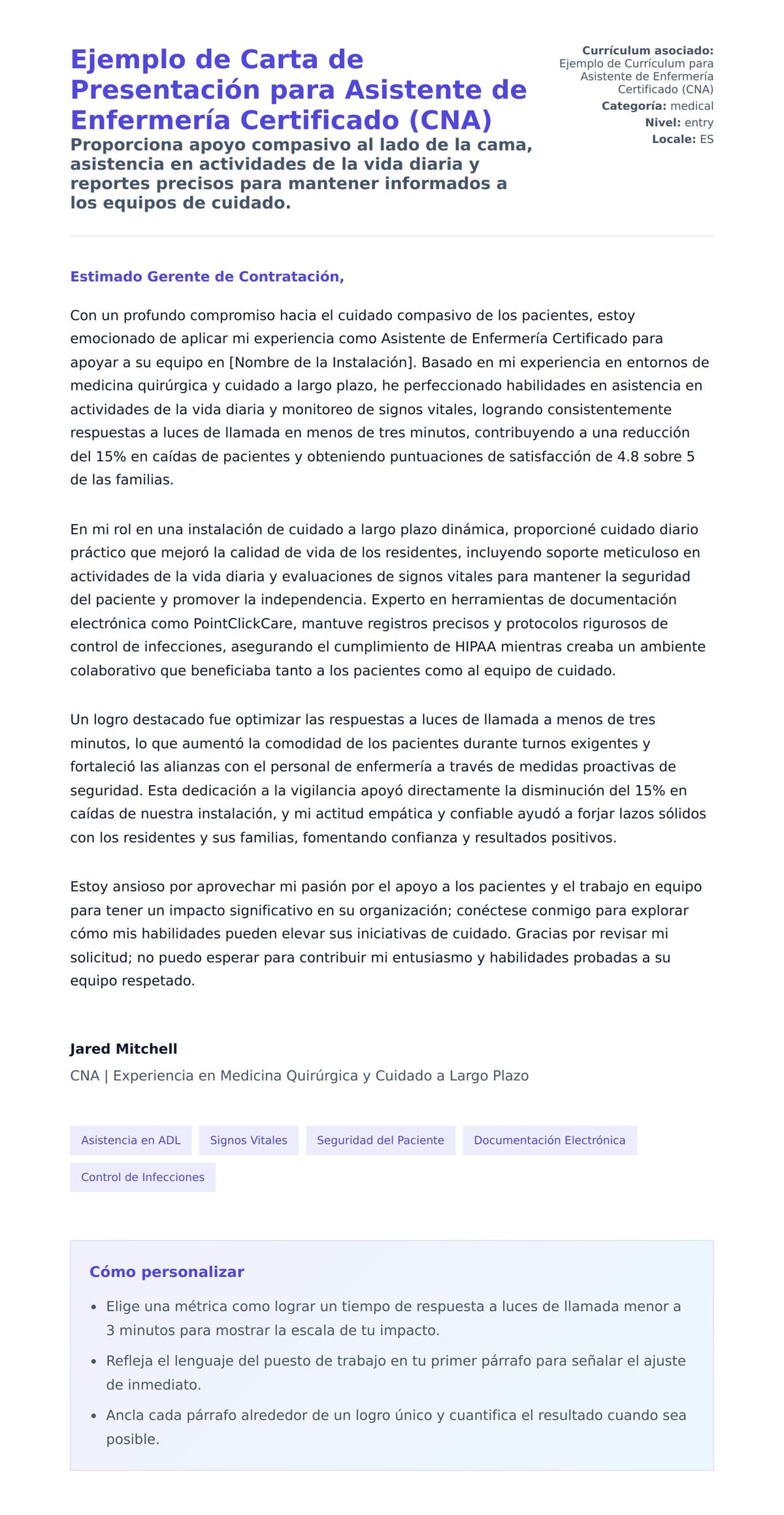 Vista previa de la carta para Ejemplo de Carta de Presentación para Asistente de Enfermería Certificado (CNA)