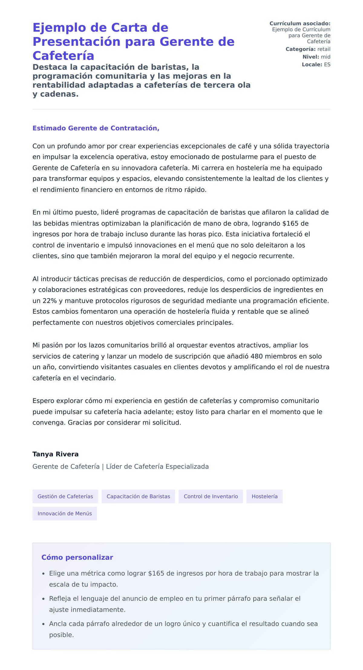 Vista previa de la carta para Ejemplo de Carta de Presentación para Gerente de Cafetería