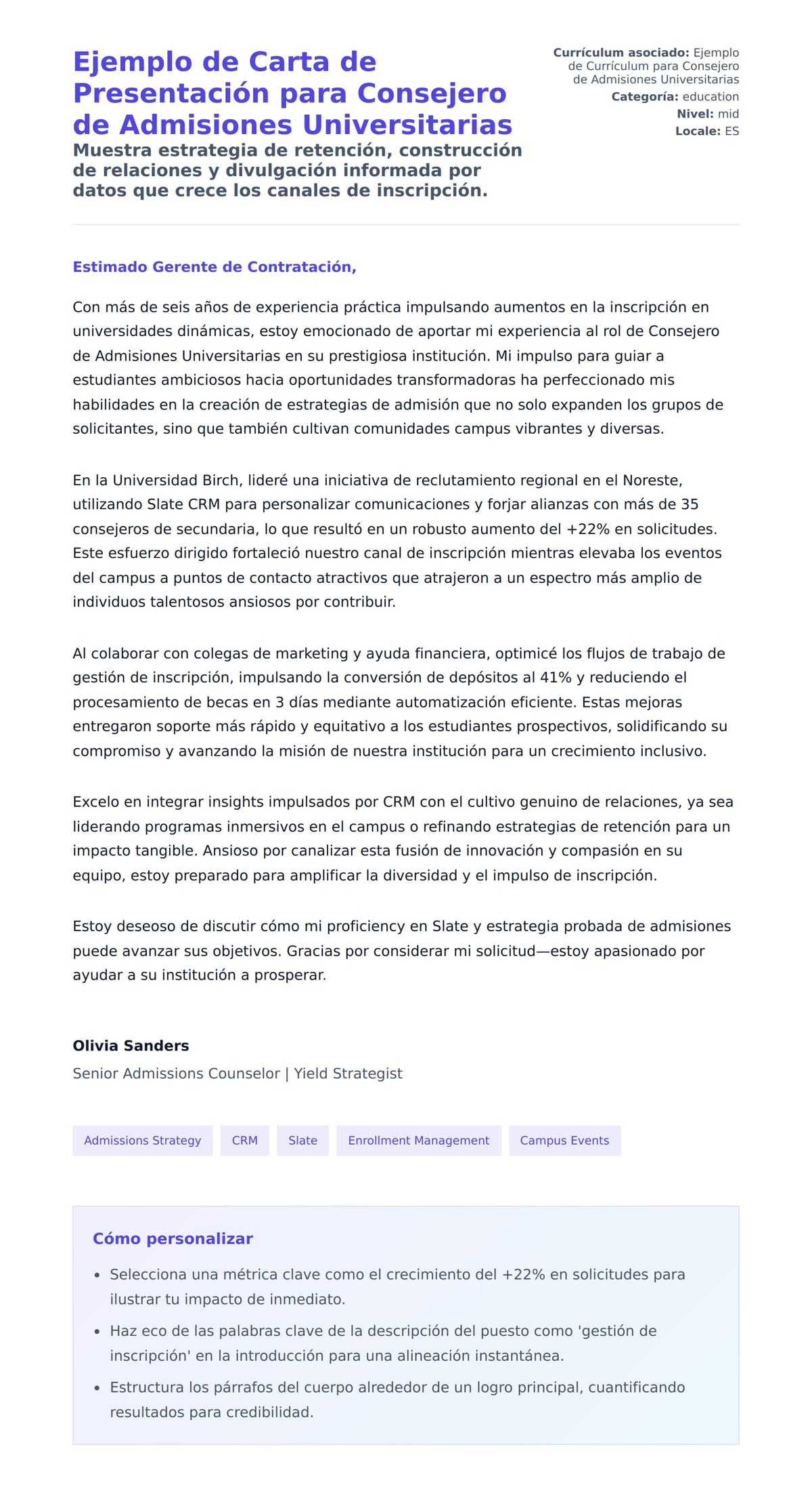 Vista previa de la carta para Ejemplo de Carta de Presentación para Consejero de Admisiones Universitarias
