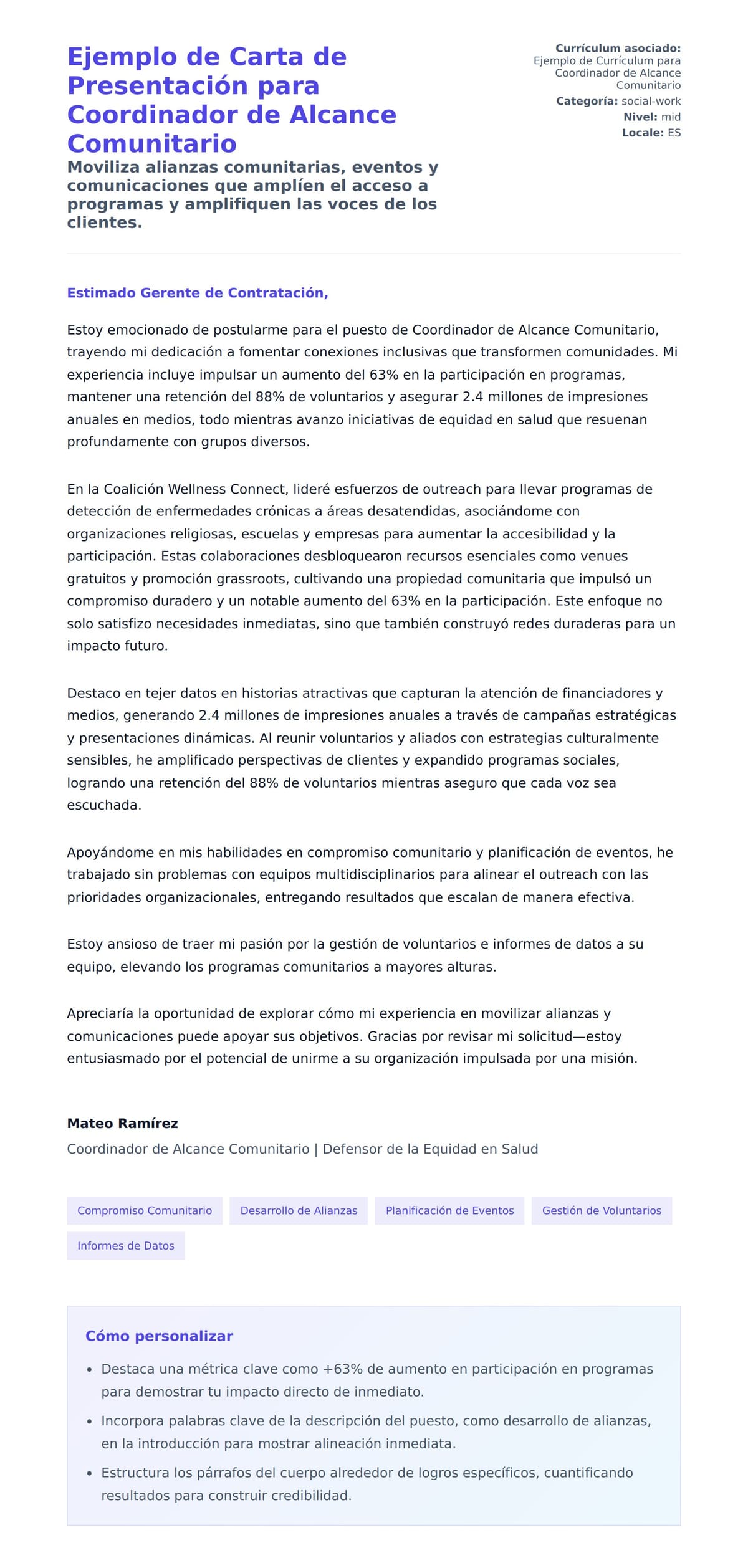 Vista previa de la carta para Ejemplo de Carta de Presentación para Coordinador de Alcance Comunitario