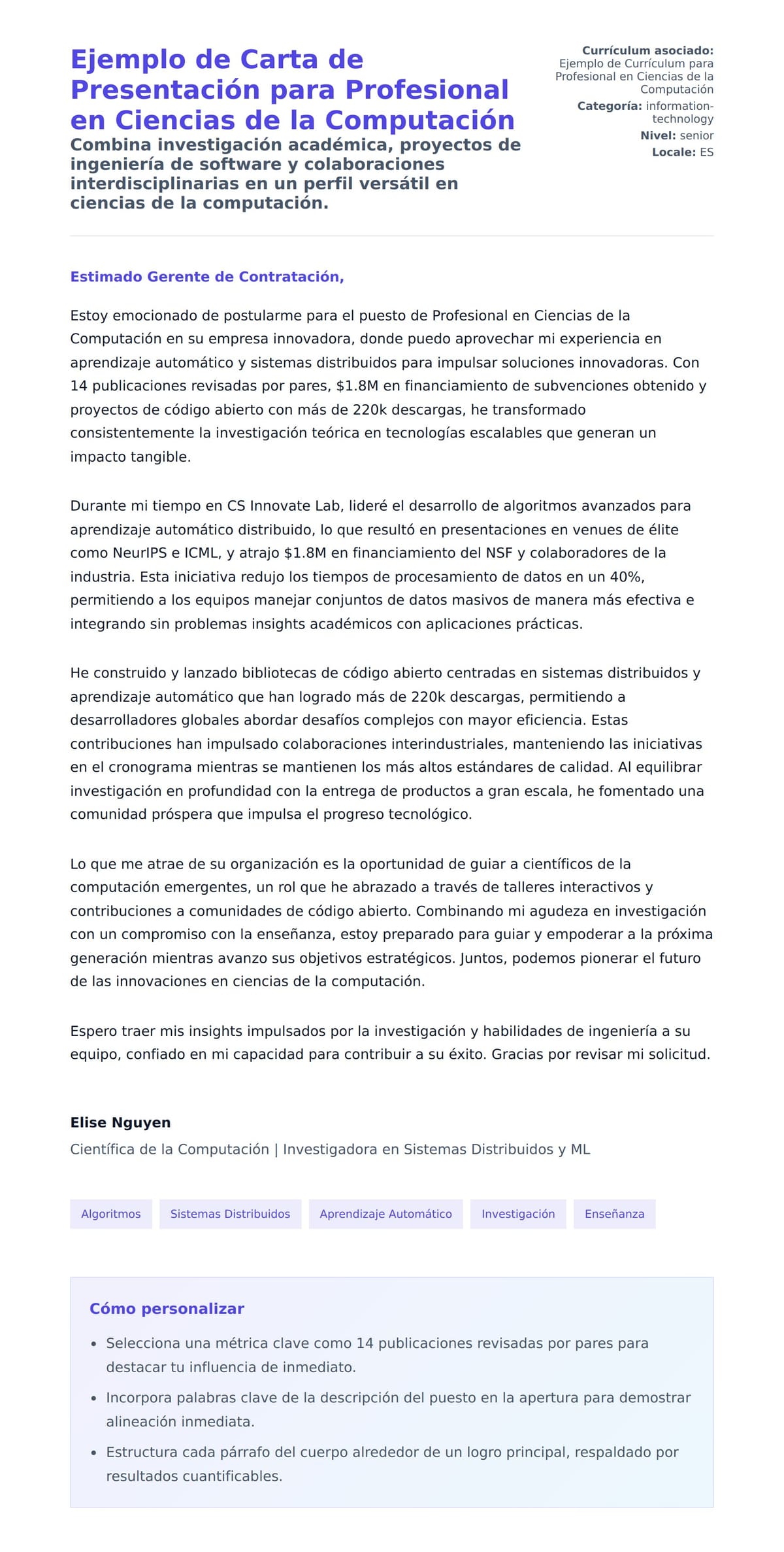 Vista previa de la carta para Ejemplo de Carta de Presentación para Profesional en Ciencias de la Computación