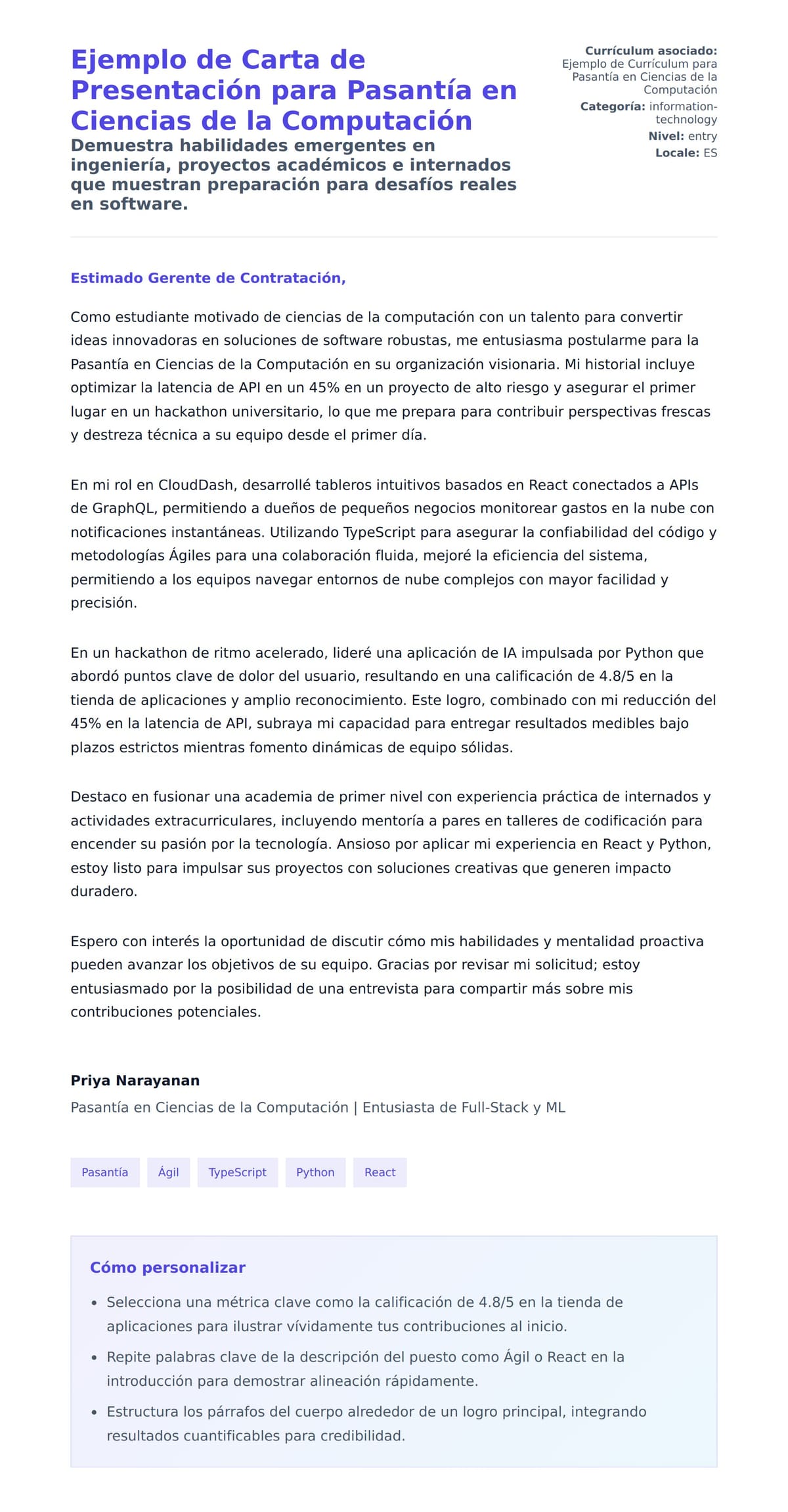 Vista previa de la carta para Ejemplo de Carta de Presentación para Pasantía en Ciencias de la Computación