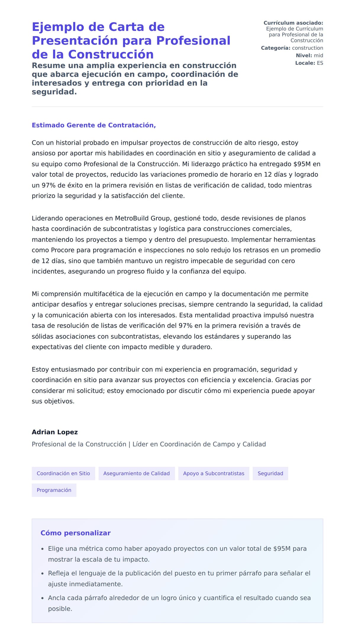 Vista previa de la carta para Ejemplo de Carta de Presentación para Profesional de la Construcción