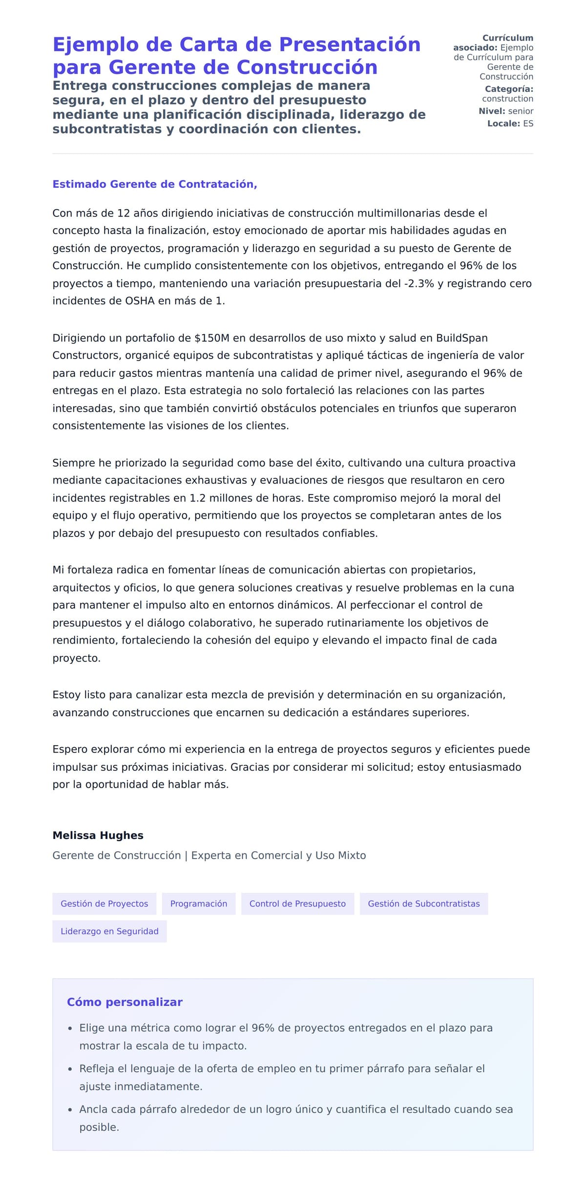 Vista previa de la carta para Ejemplo de Carta de Presentación para Gerente de Construcción