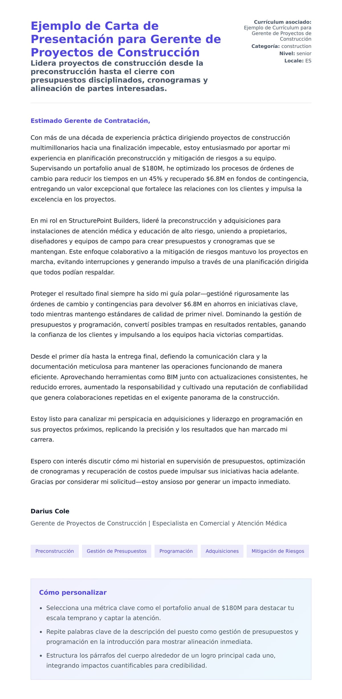 Vista previa de la carta para Ejemplo de Carta de Presentación para Gerente de Proyectos de Construcción