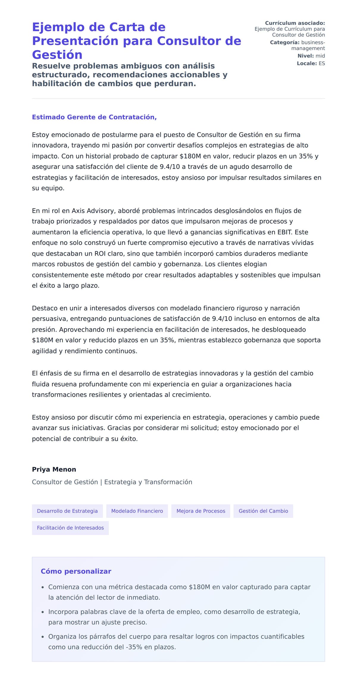 Vista previa de la carta para Ejemplo de Carta de Presentación para Consultor de Gestión