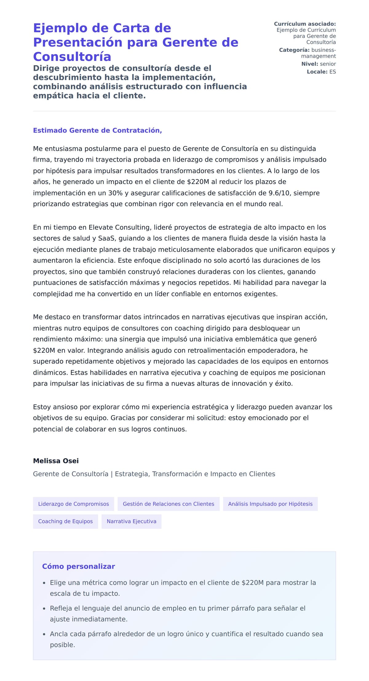 Vista previa de la carta para Ejemplo de Carta de Presentación para Gerente de Consultoría