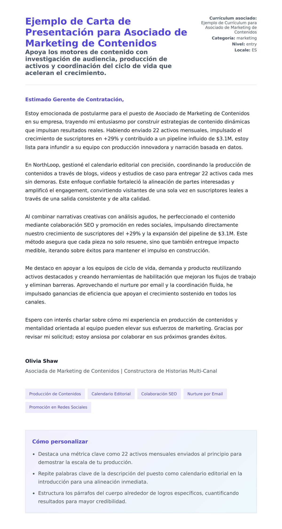 Vista previa de la carta para Ejemplo de Carta de Presentación para Asociado de Marketing de Contenidos